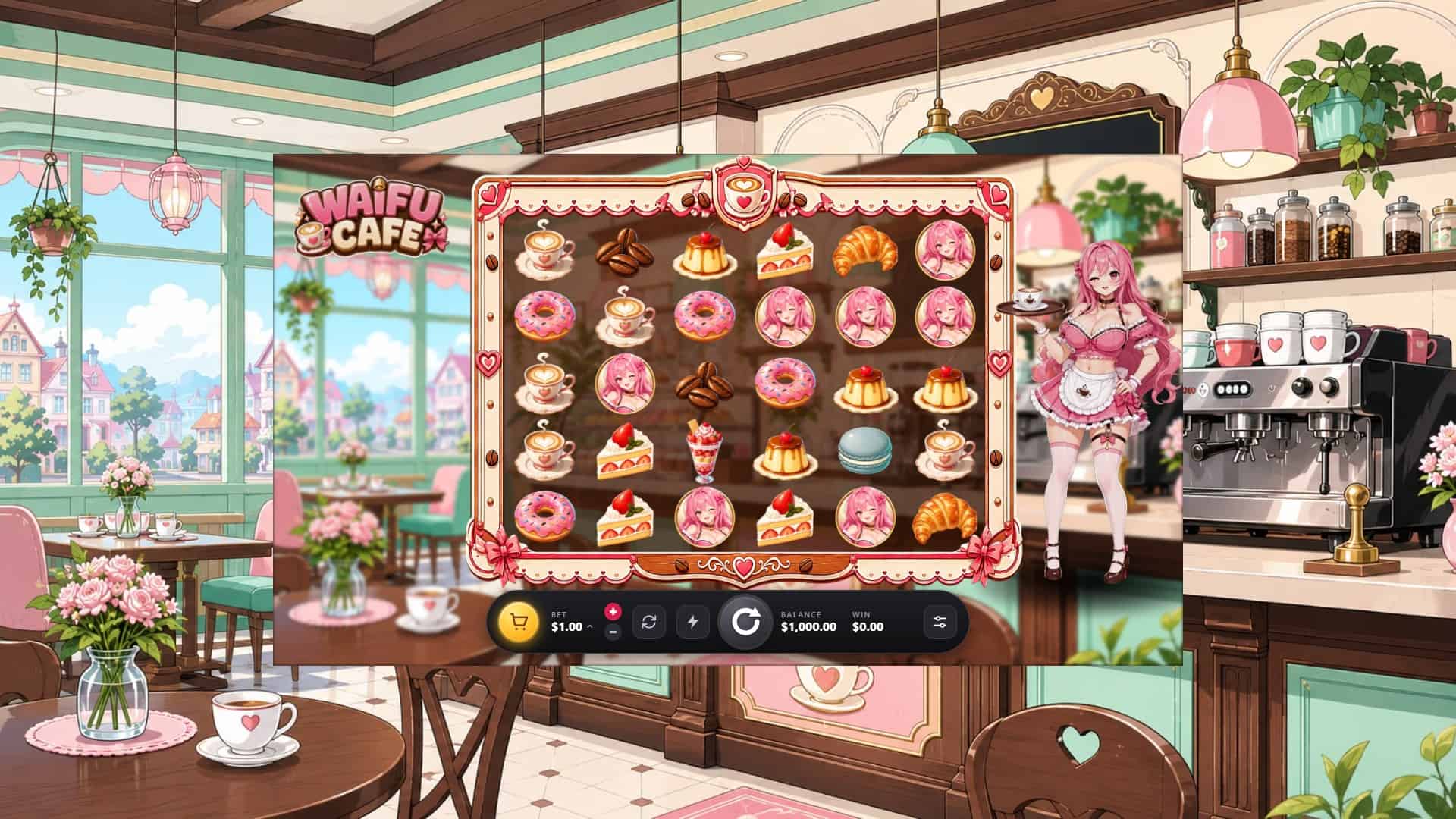 Waifu Cafe slot gameplay reels