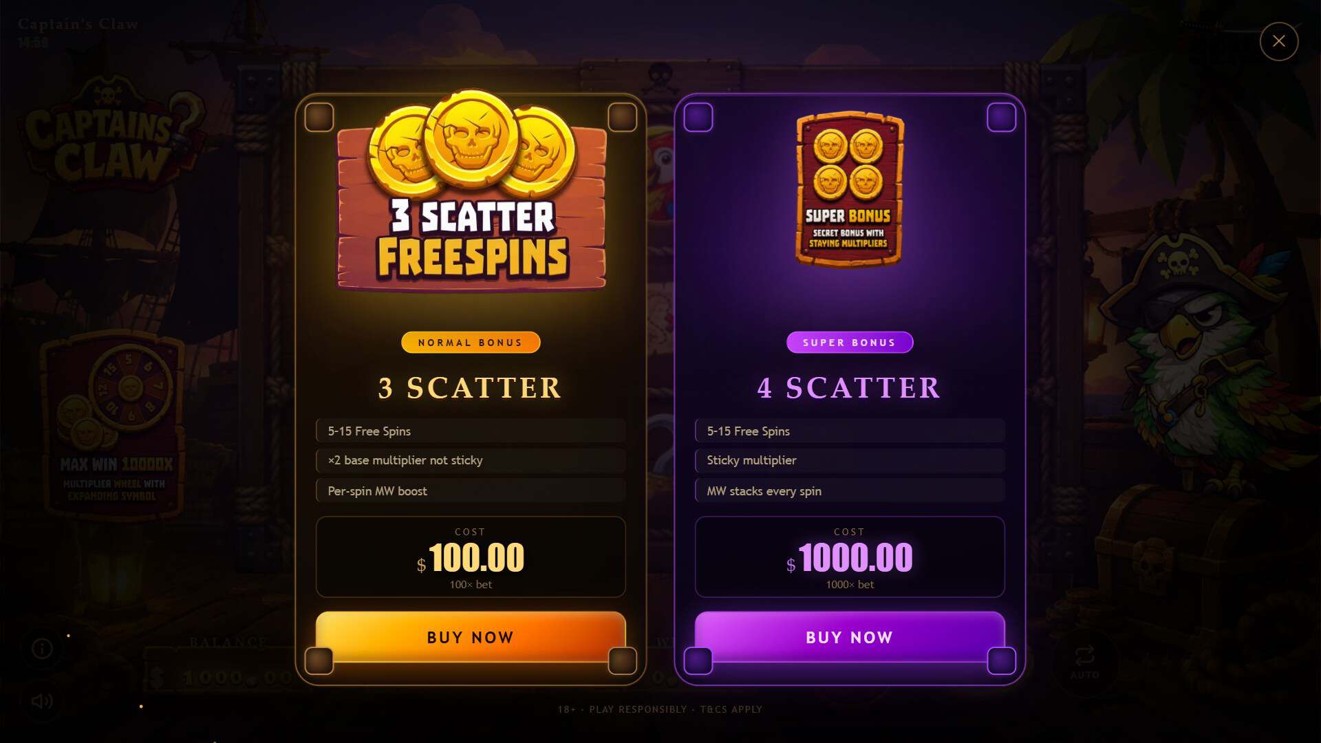 Captains Claw bonus buy menu