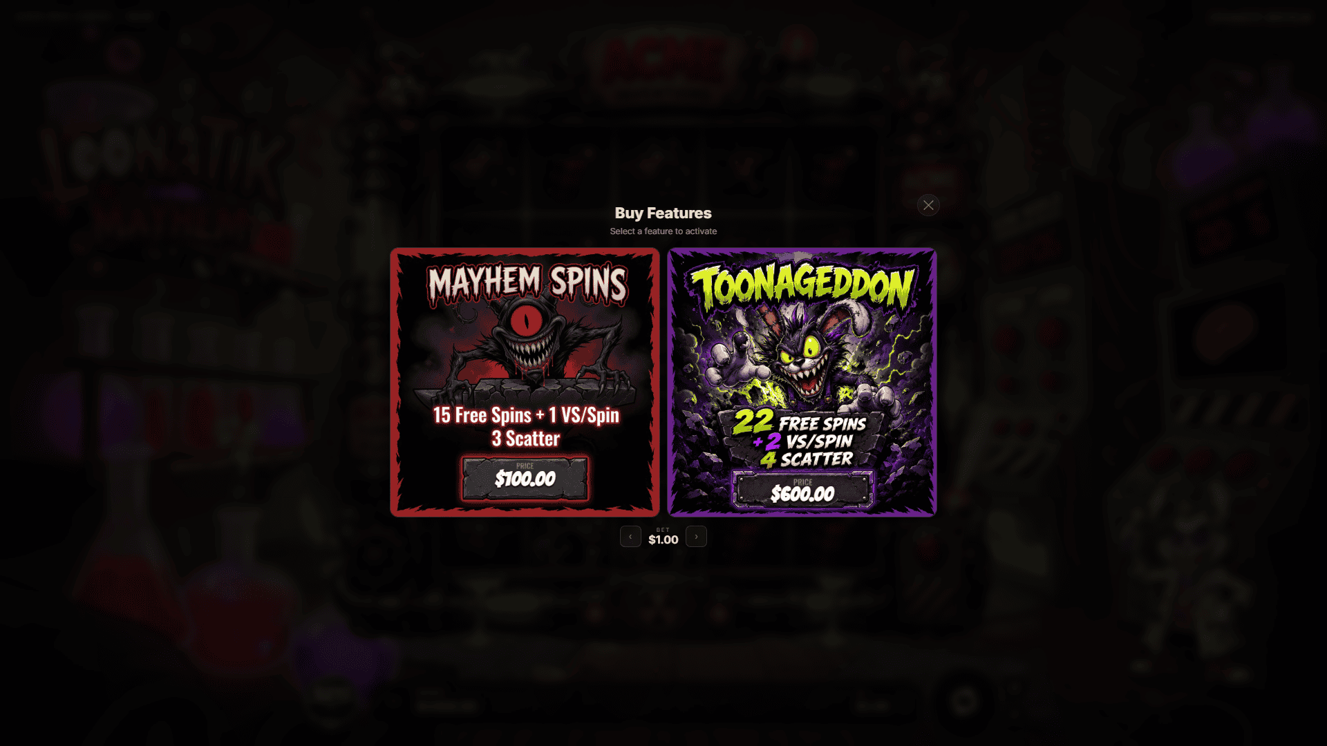 Loonatik Mayhem bonus buy menu