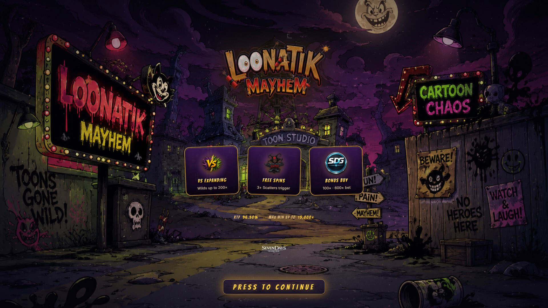 Loonatik Mayhem slot intro screen