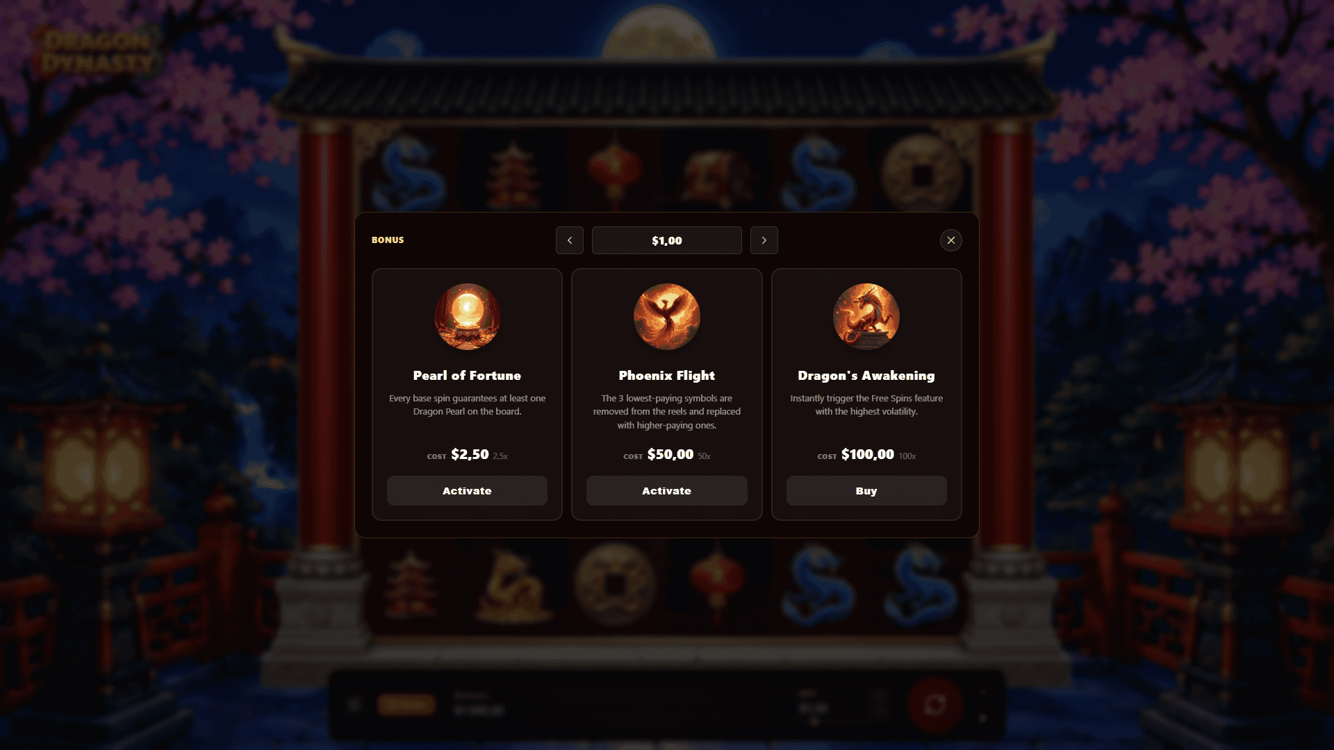 Dragon Dynasty bonus buy menu