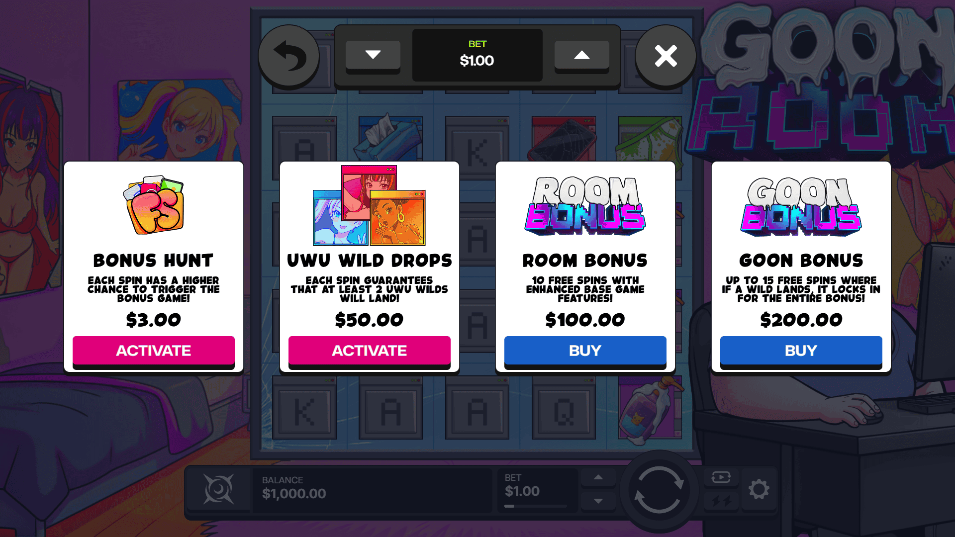 Goon Room bonus buy menu