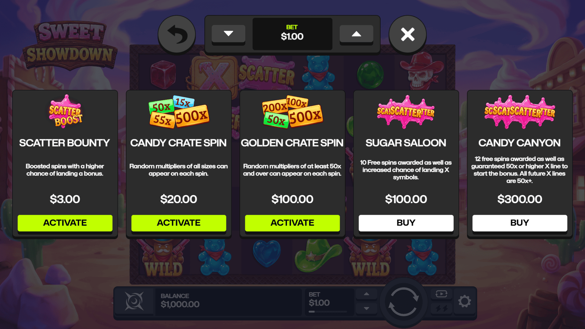 Sweet Showdown bonus buy menu