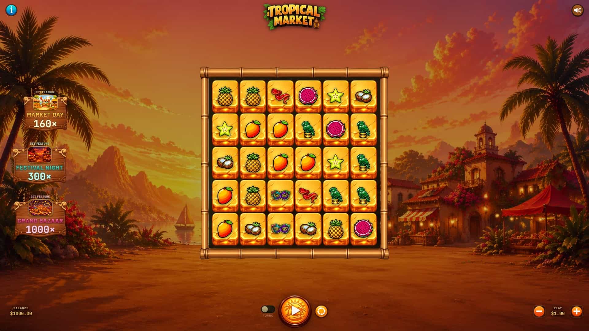 Tropical Market slot gameplay reels
