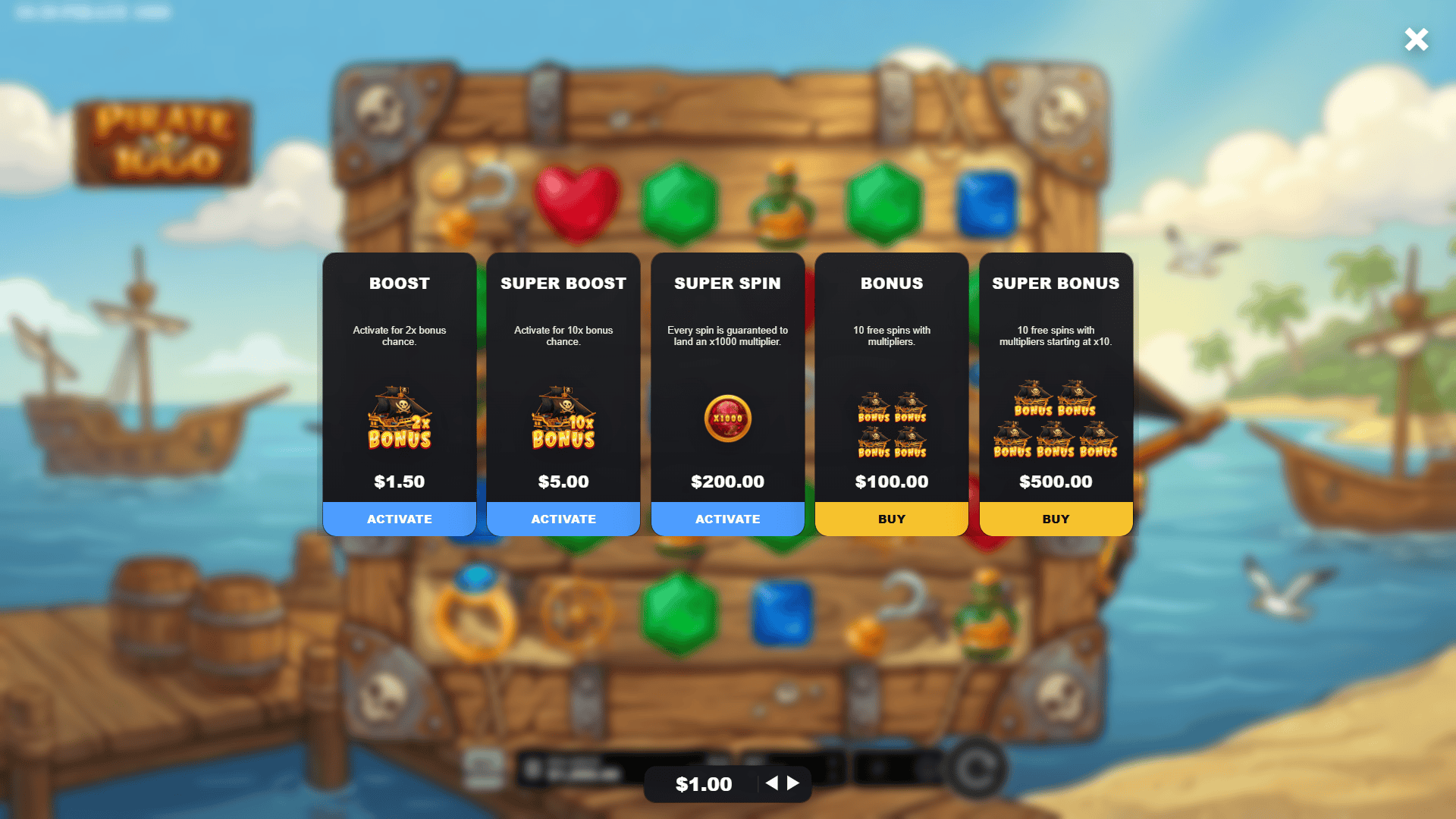 Pirate 1000 bonus buy menu