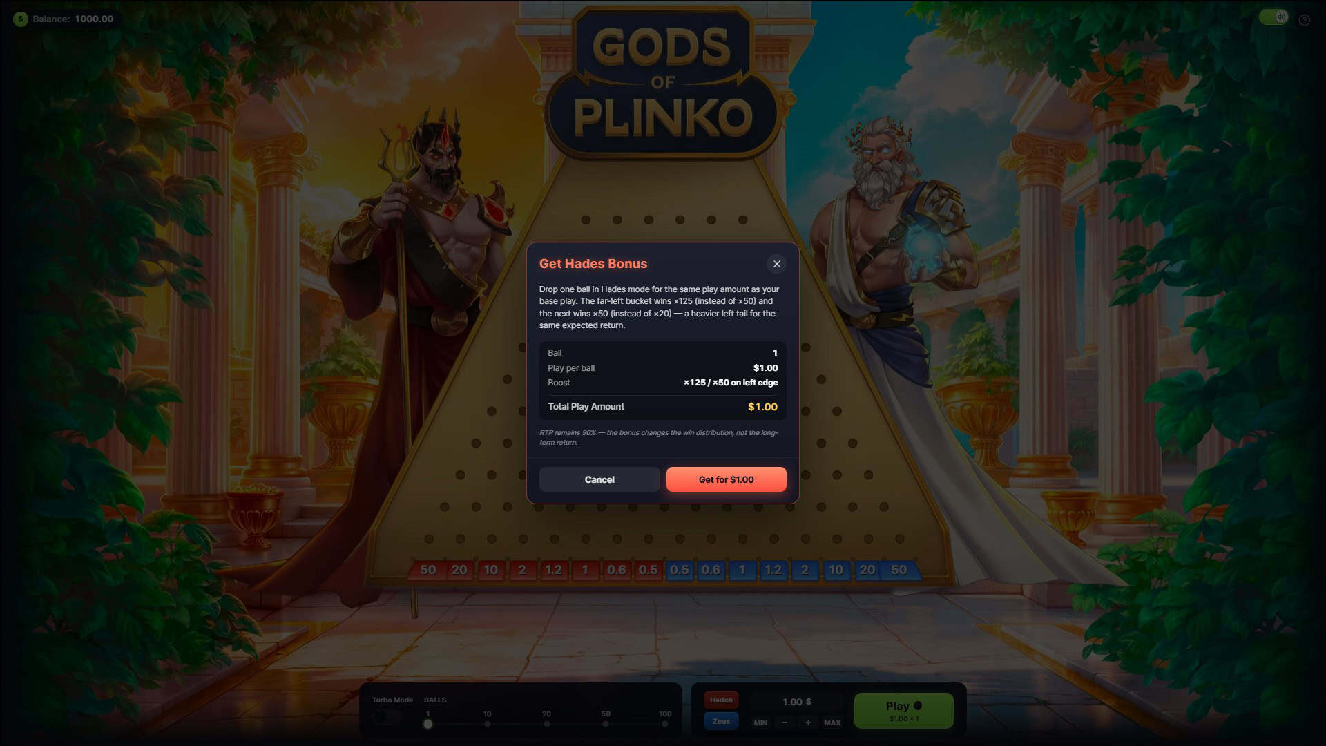Gods of Plinko bonus buy menu