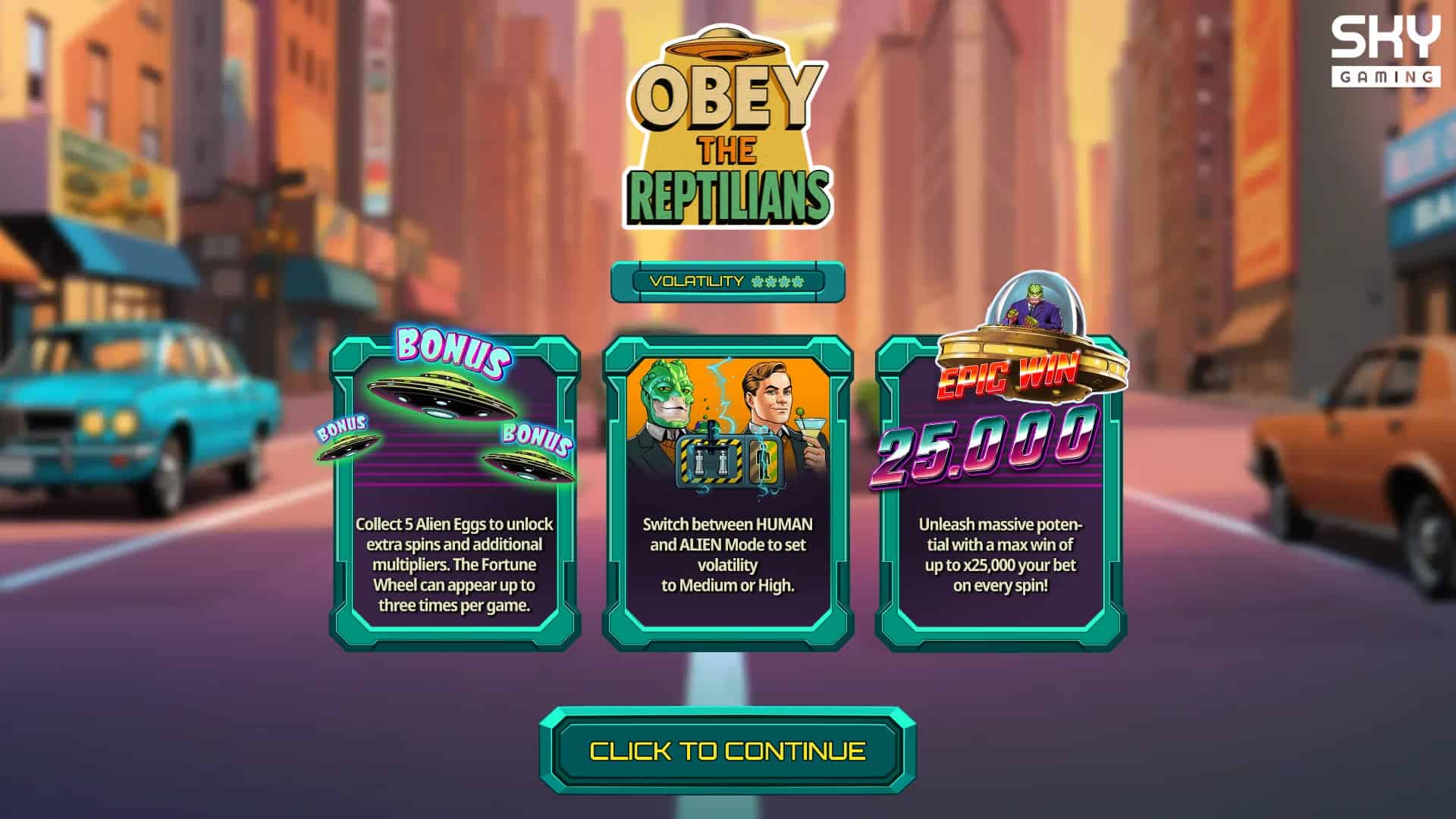 Obey The Reptillians slot intro screen
