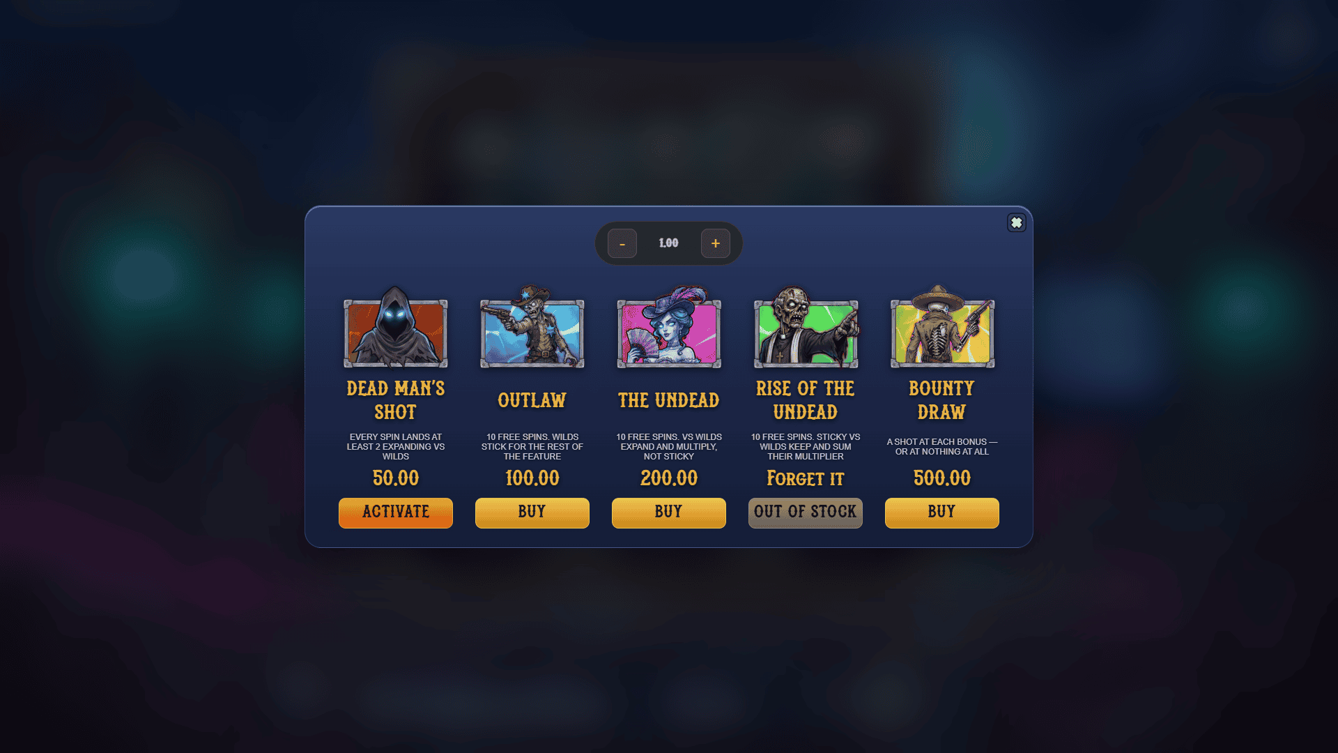 Deadlands Outlaws bonus buy menu