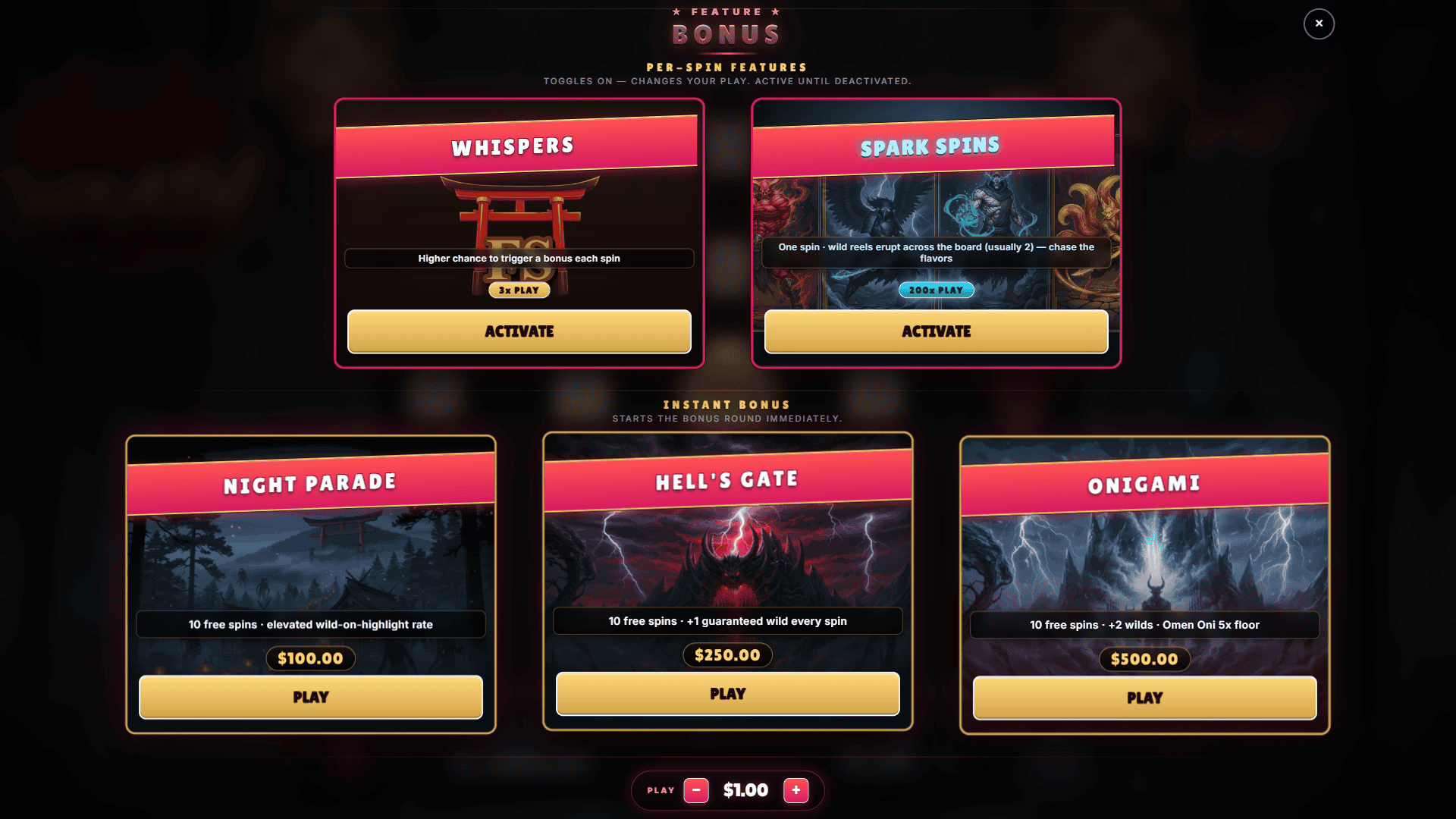 Onis Wrath bonus buy menu