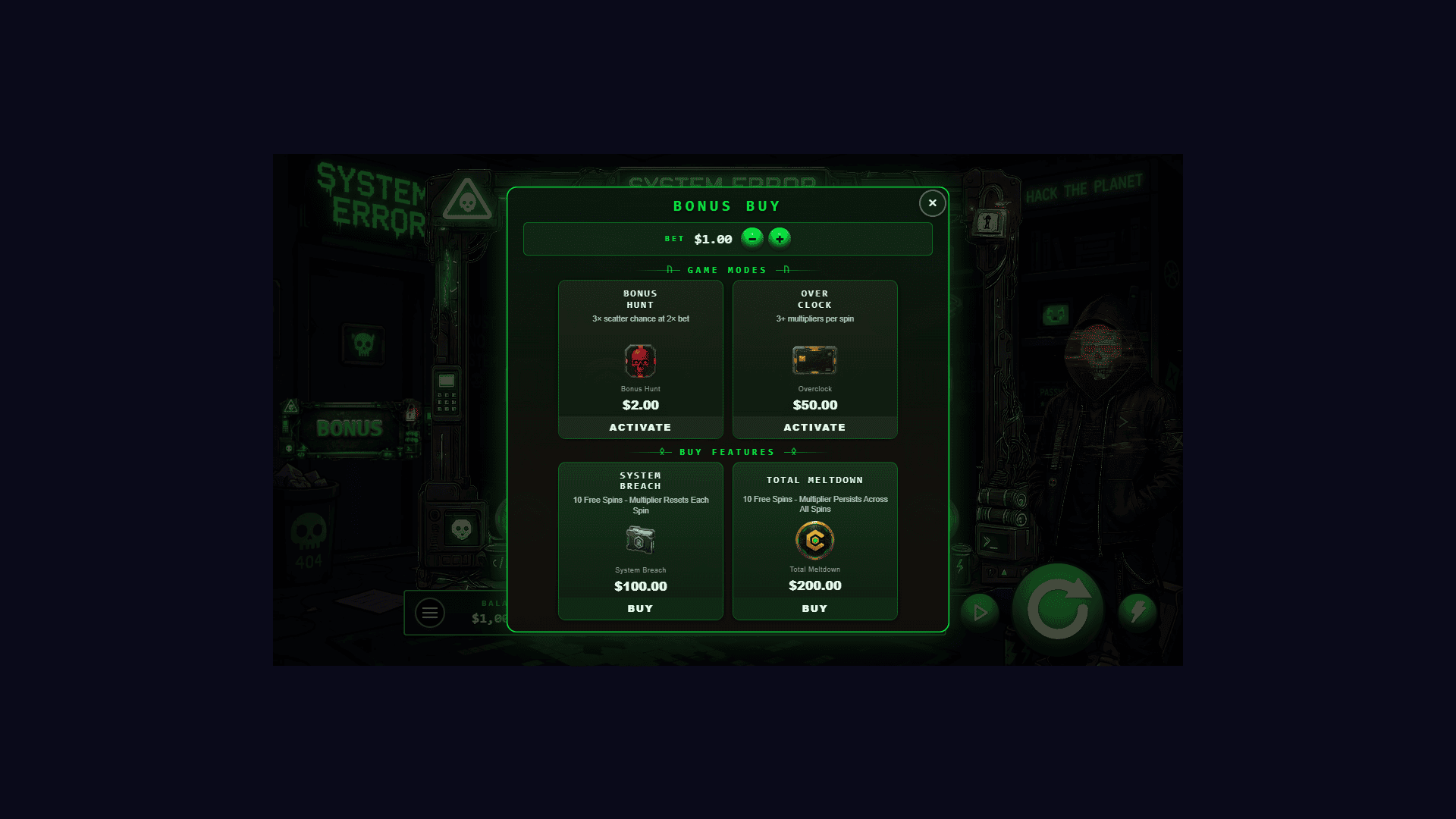 System Error bonus buy menu