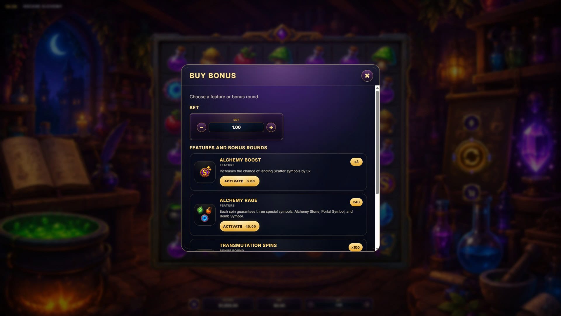 Arcane Alchemy bonus buy menu