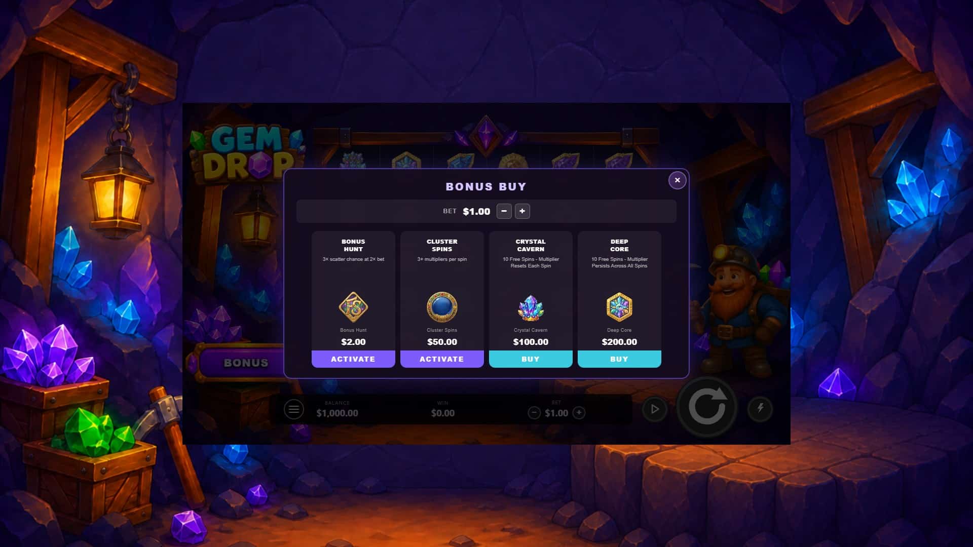 Gem Drop bonus buy menu