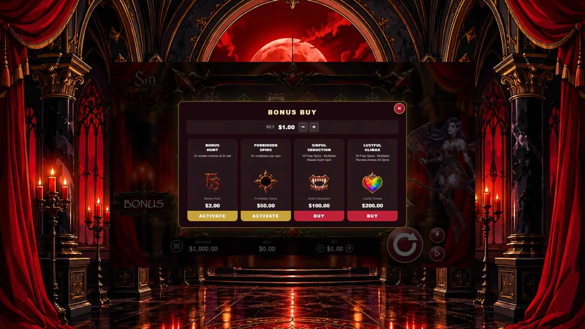 Sin of Lust bonus buy menu