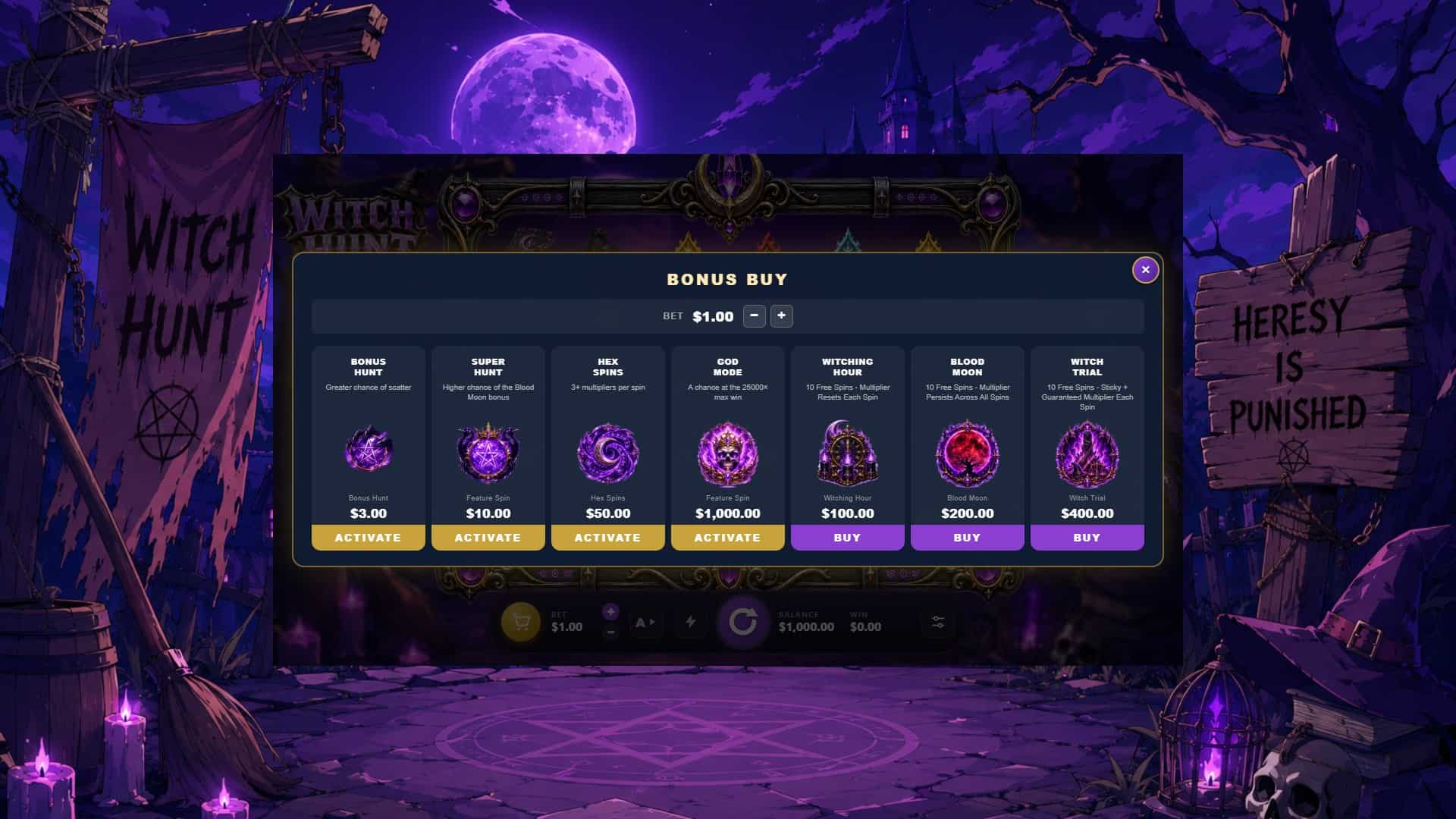Witch Hunt bonus buy menu