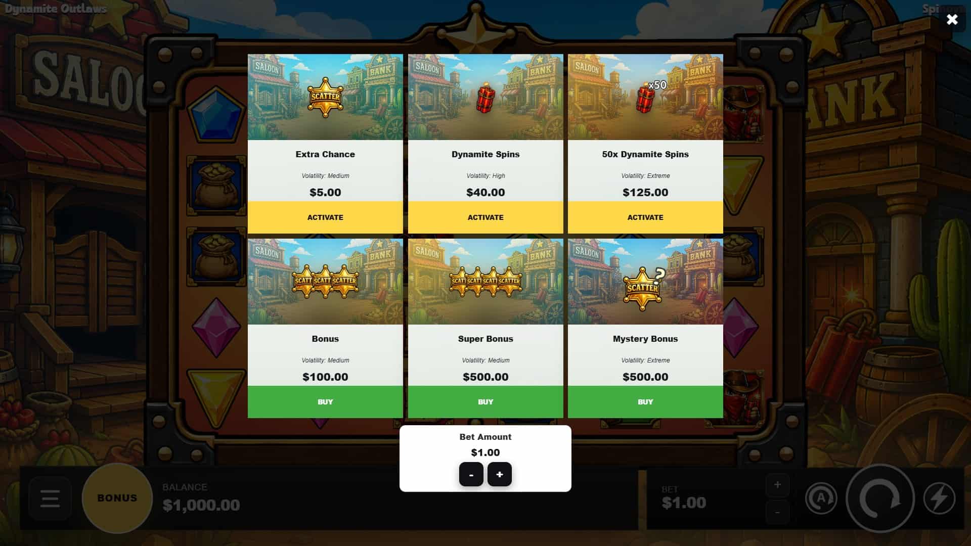 Dynamite Outlaw bonus buy menu