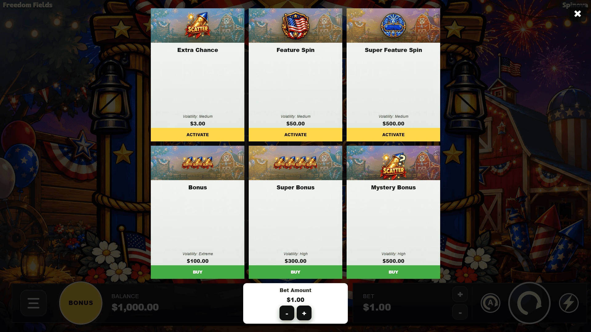 Freedom Fields bonus buy menu