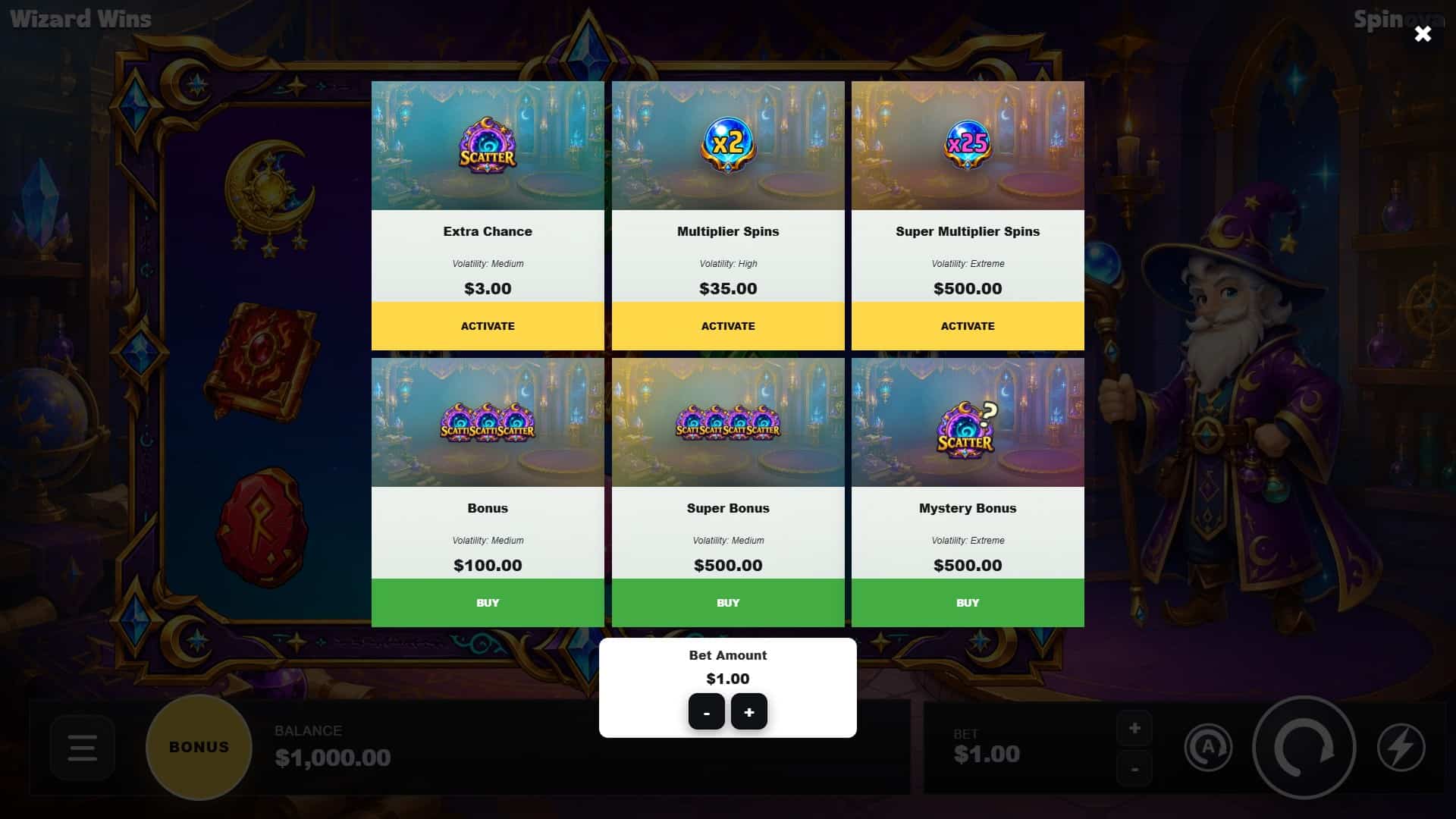 Wizard Wins bonus buy menu