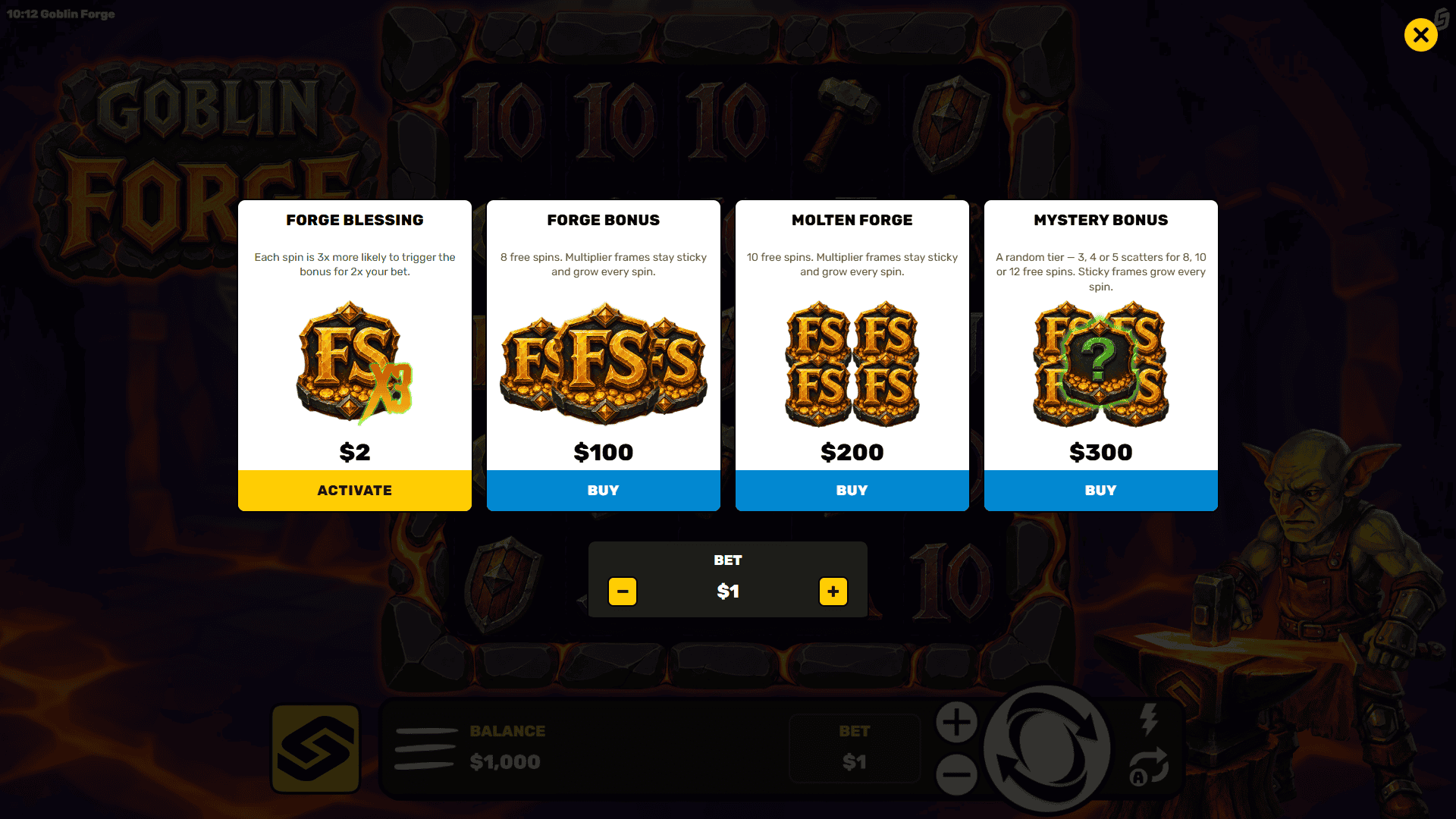 Goblin Forge bonus buy menu