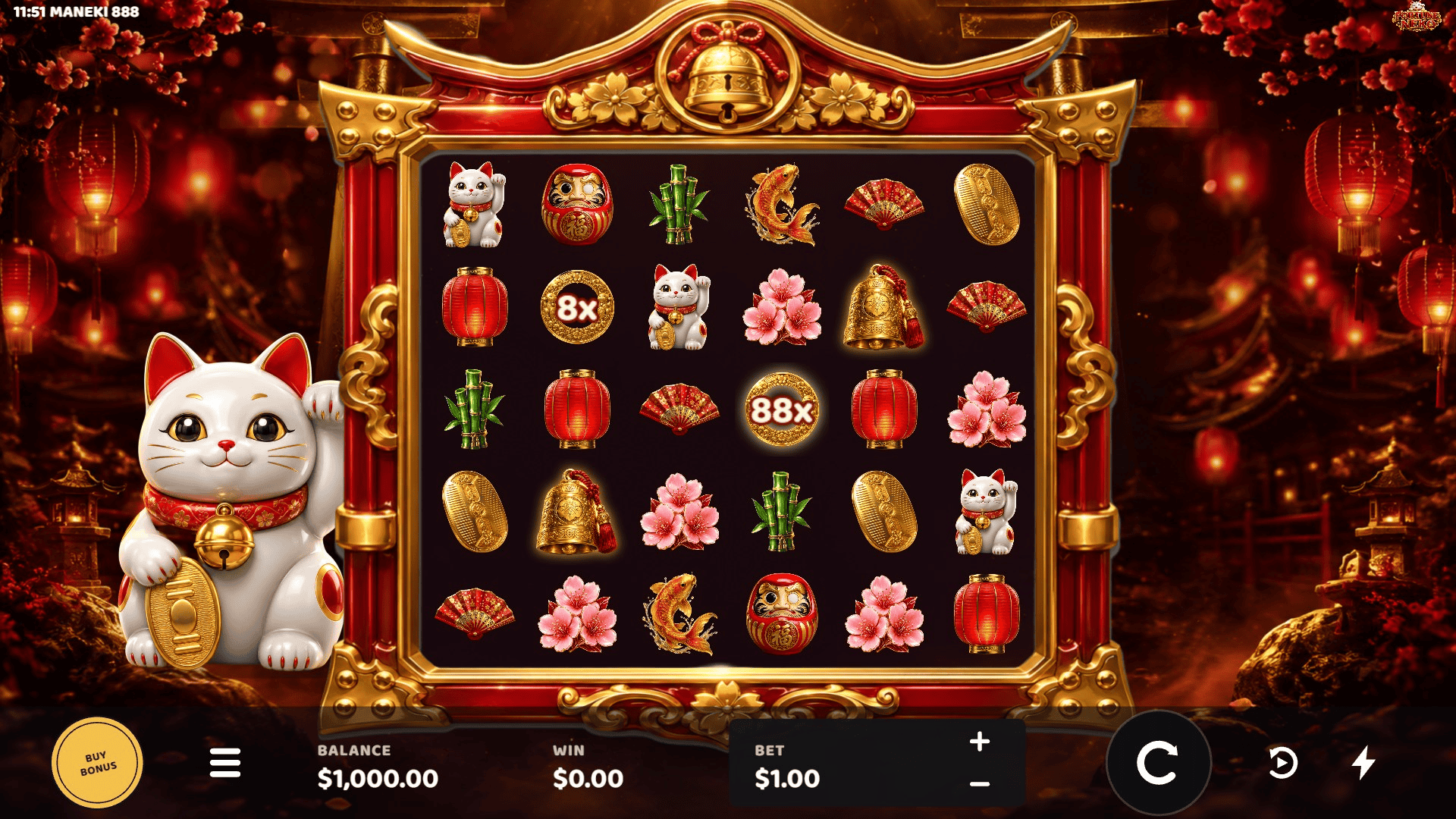 Maneki 888 slot gameplay reels