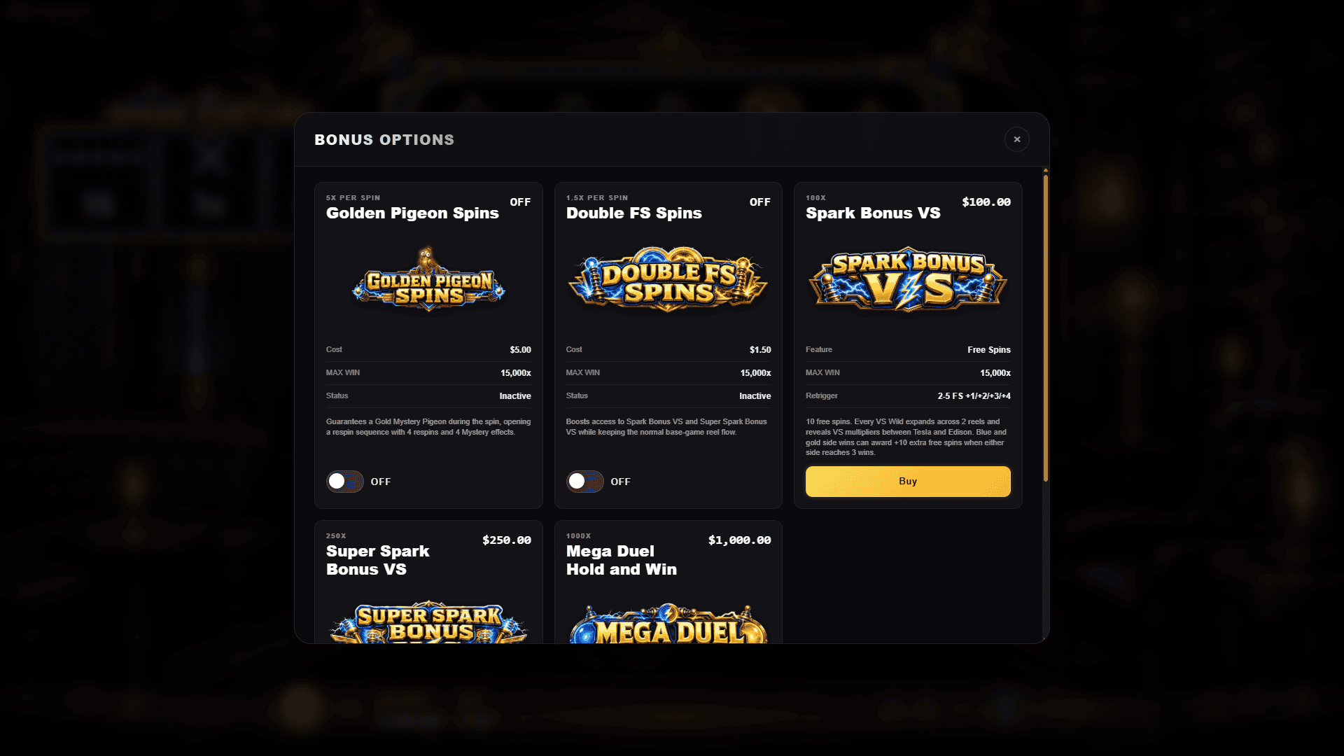 Spark Fortune bonus buy menu