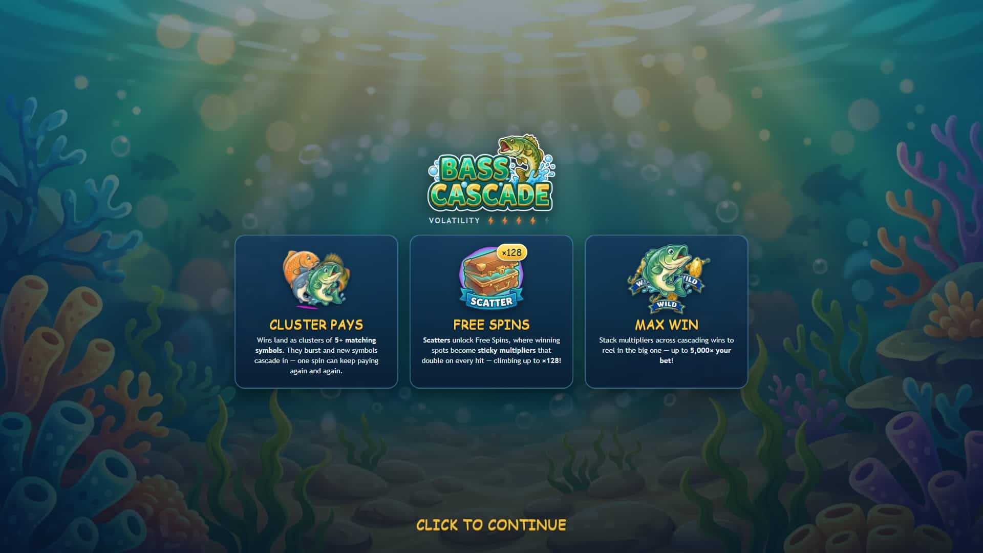 Bass Cascade slot intro screen