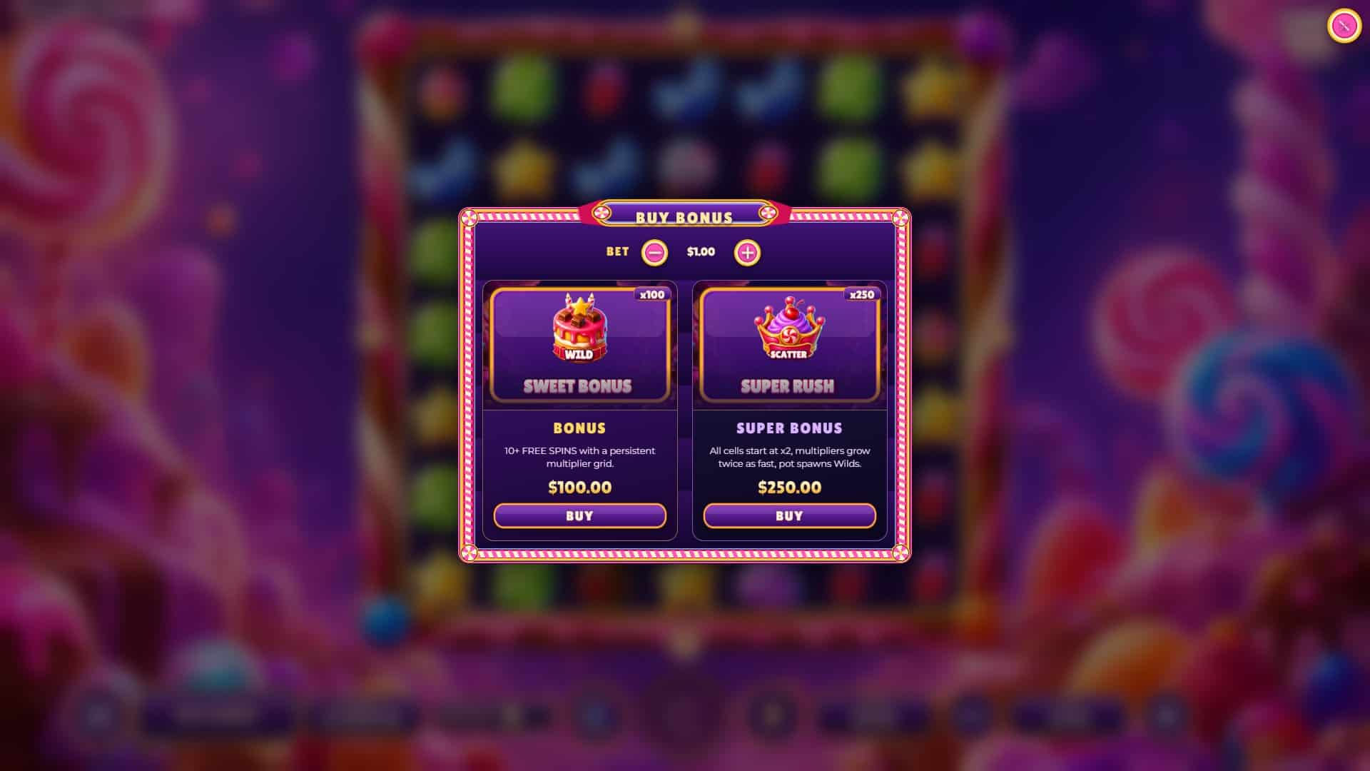 Candy Rush Streak bonus buy menu