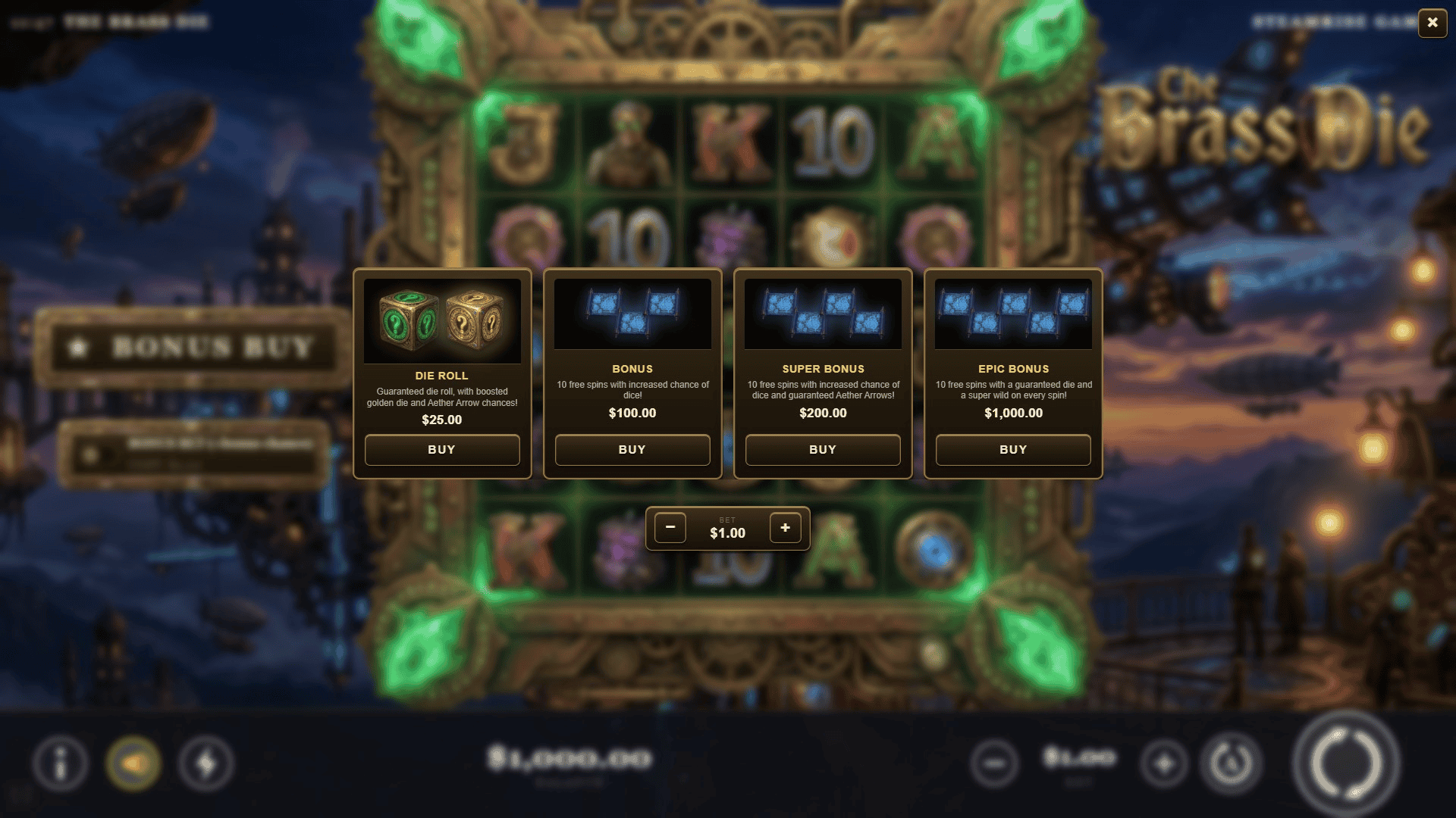 The Brass Die bonus buy menu
