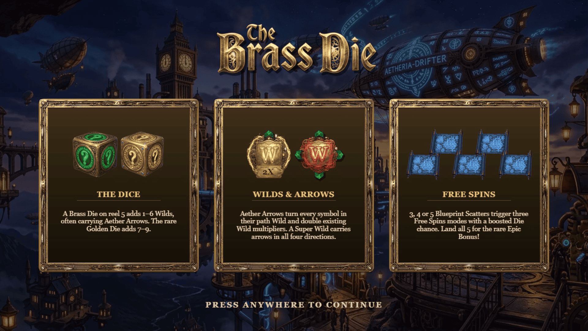 The Brass Die slot intro screen