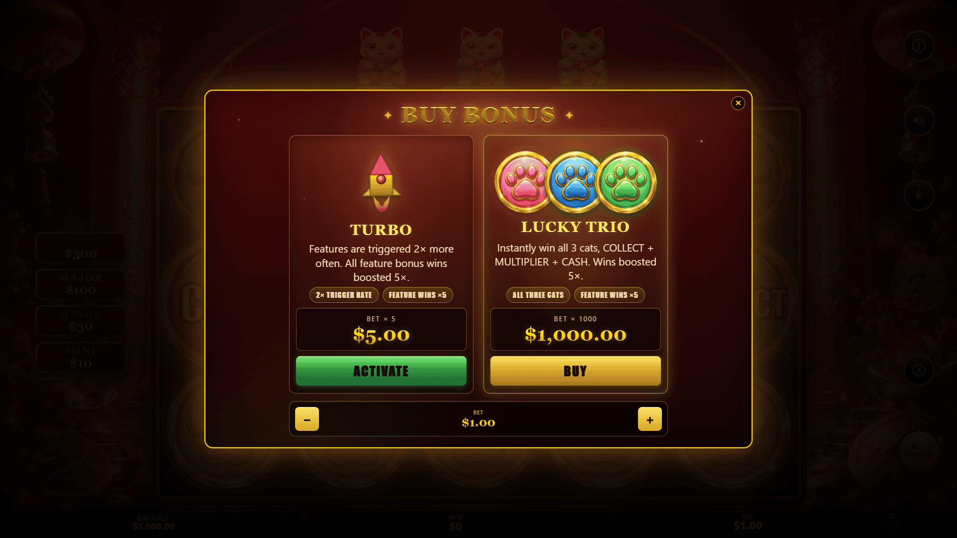 Lucky Cat Bonus Trio bonus buy menu
