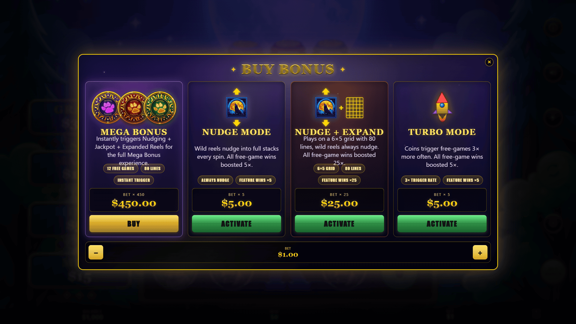 Wild Wolf Moonshot bonus buy menu