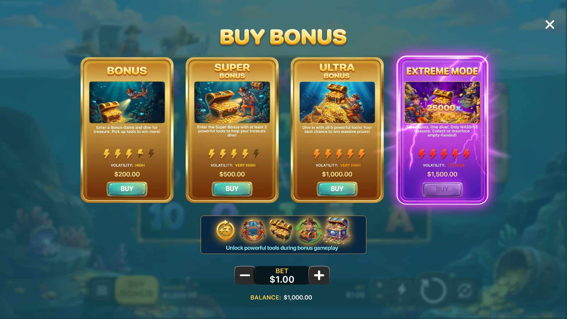 Treasure Diving Extreme bonus buy menu