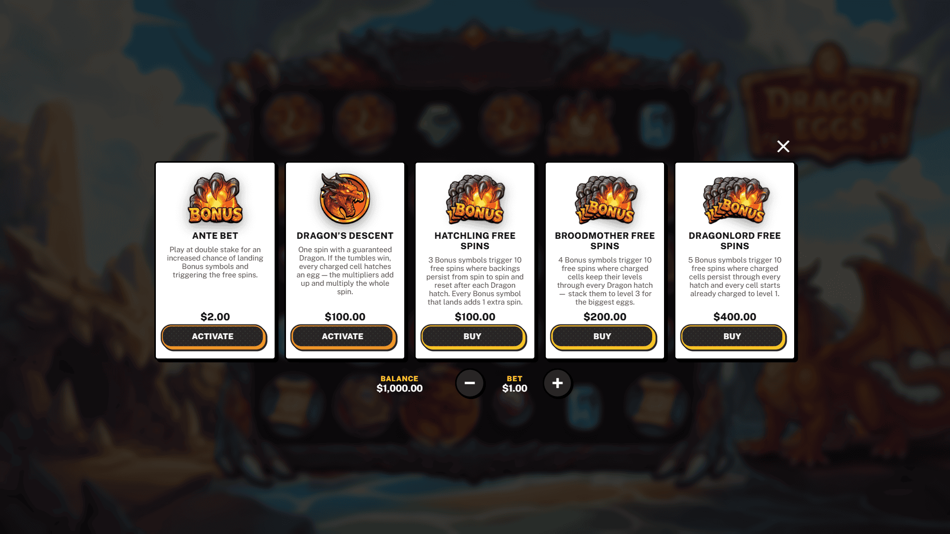 Dragon Eggs bonus buy menu