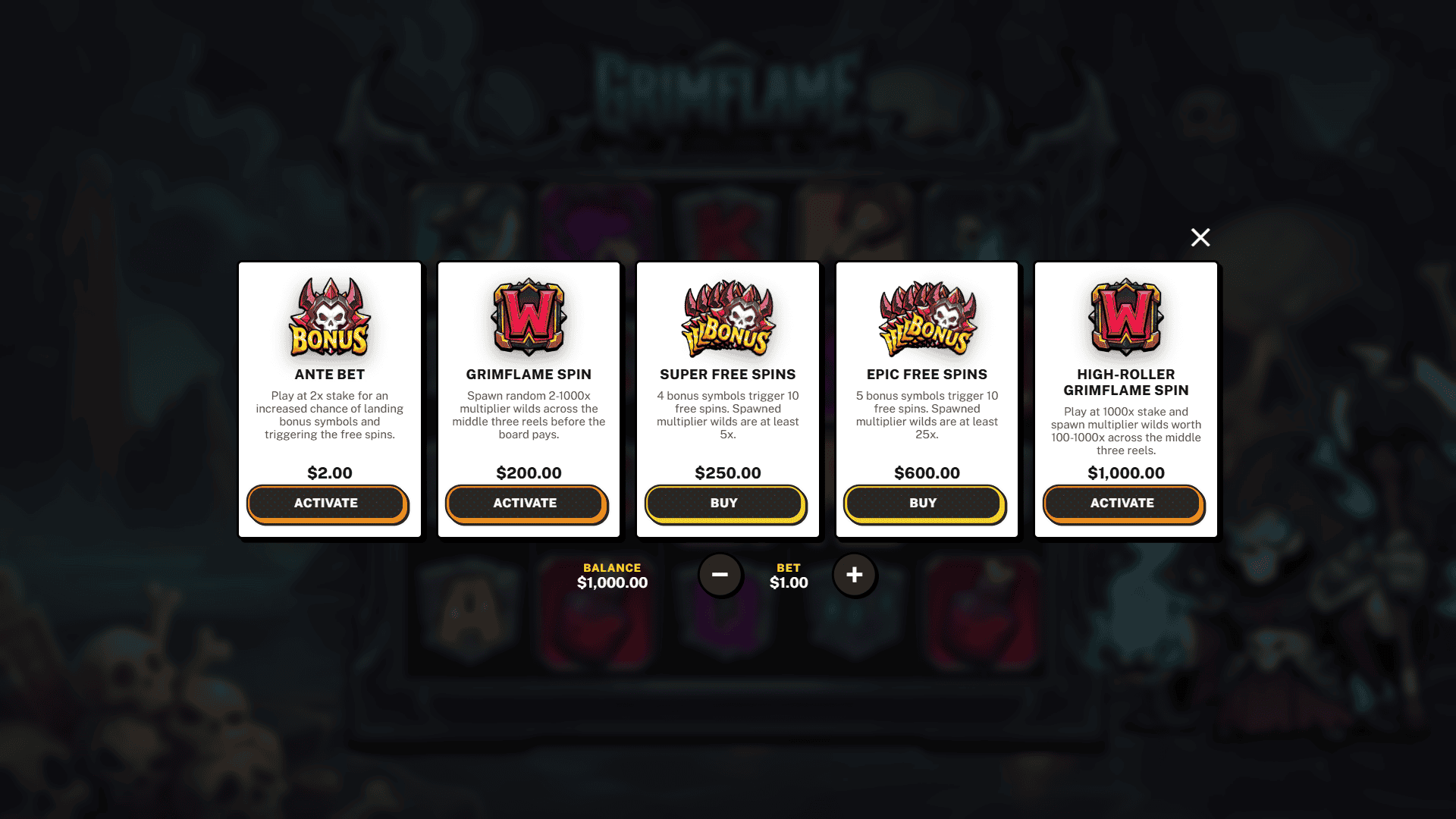 Grimflame bonus buy menu