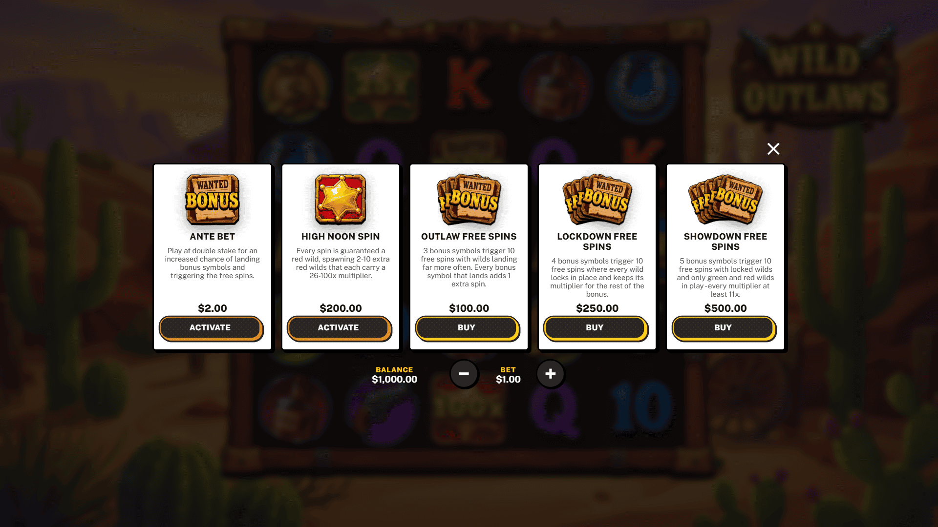 Wild Outlaws bonus buy menu