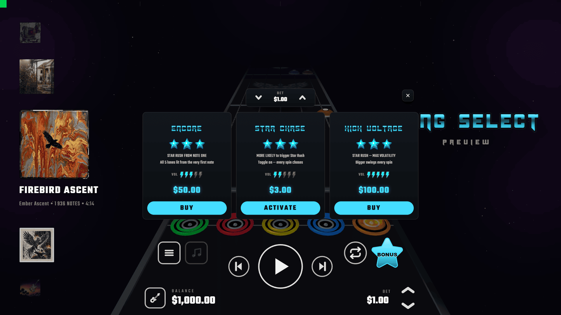 Guitar Legend bonus buy menu