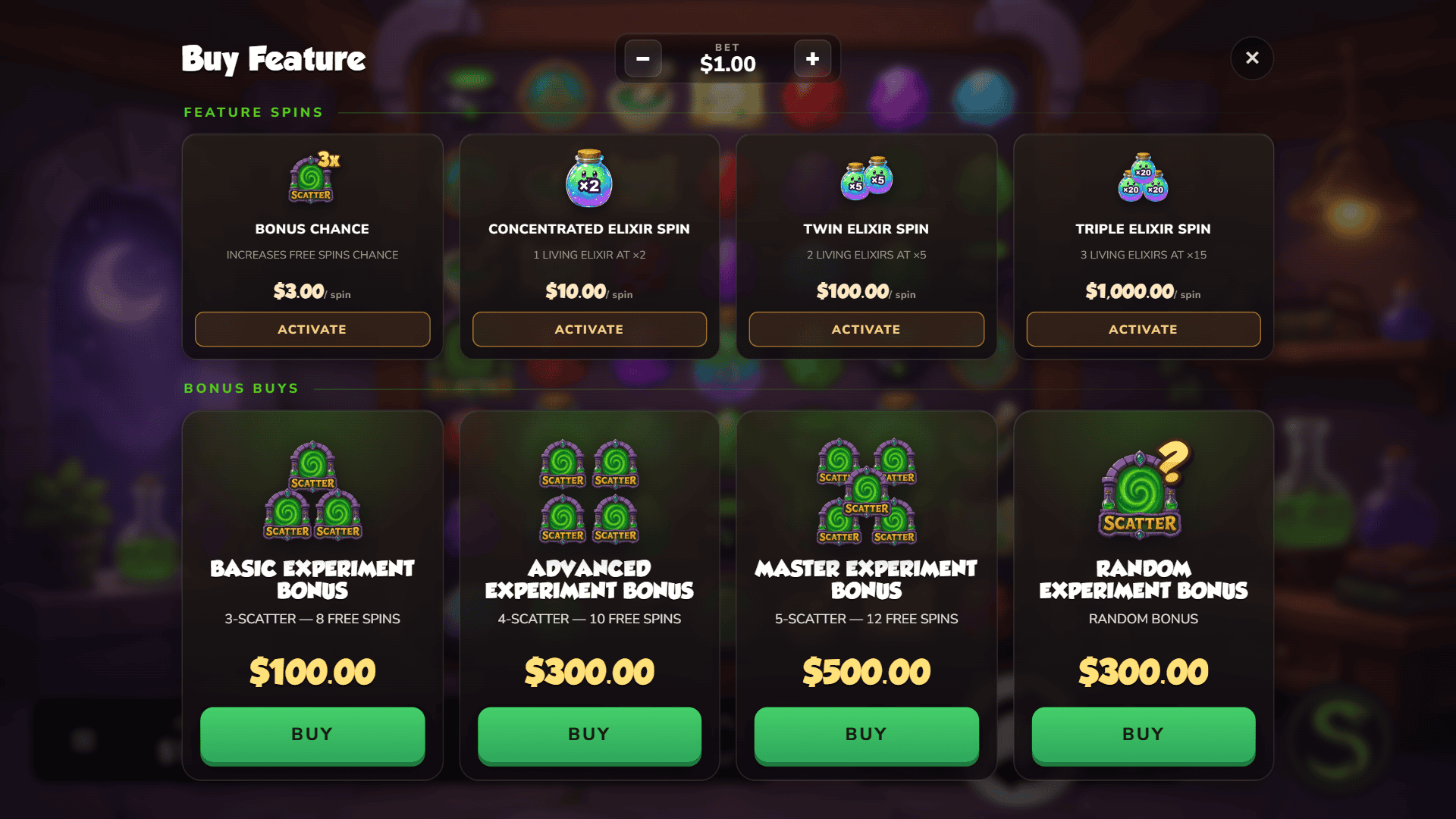 Alchemy Rush bonus buy menu