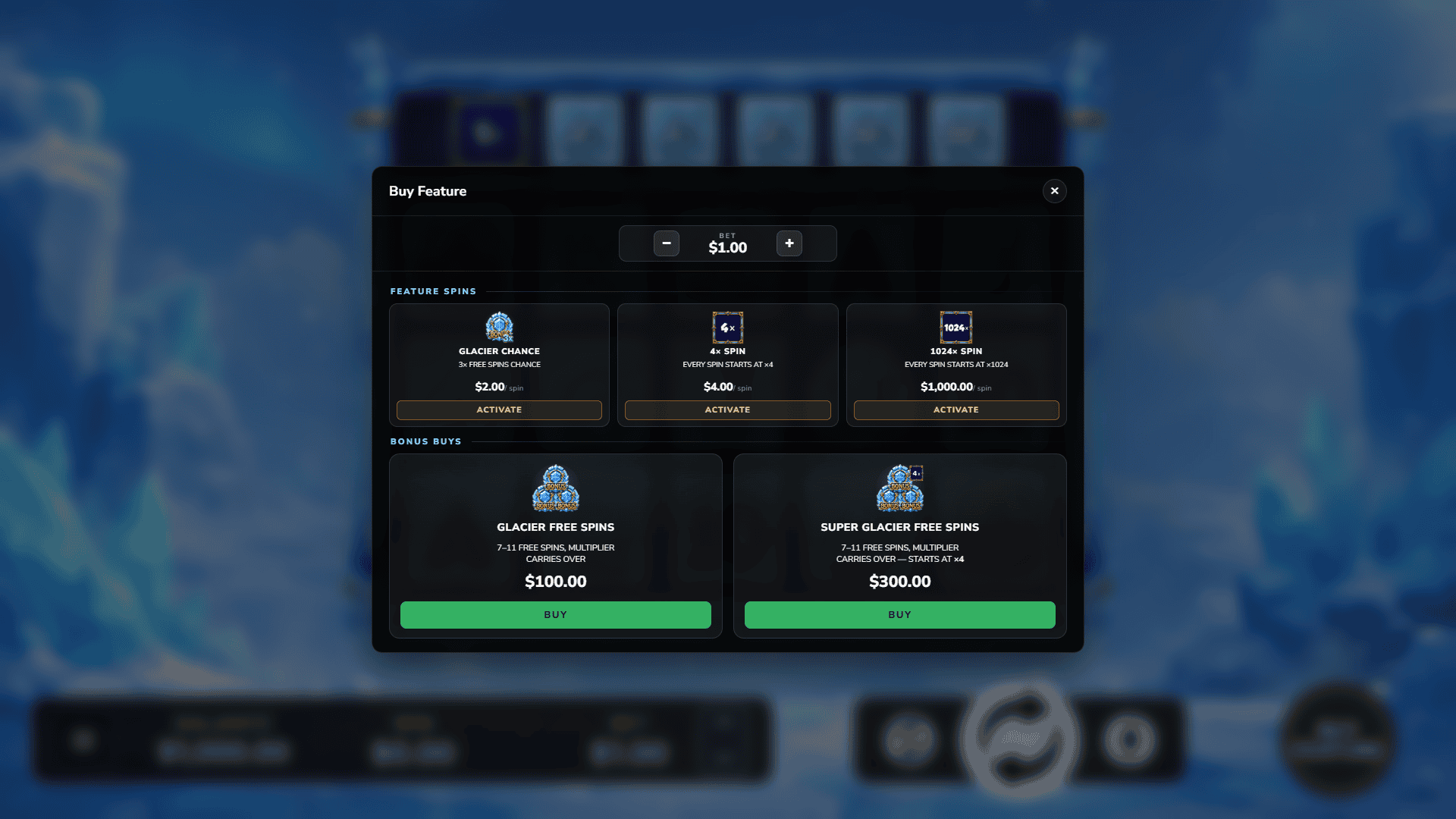 Glacier Core bonus buy menu