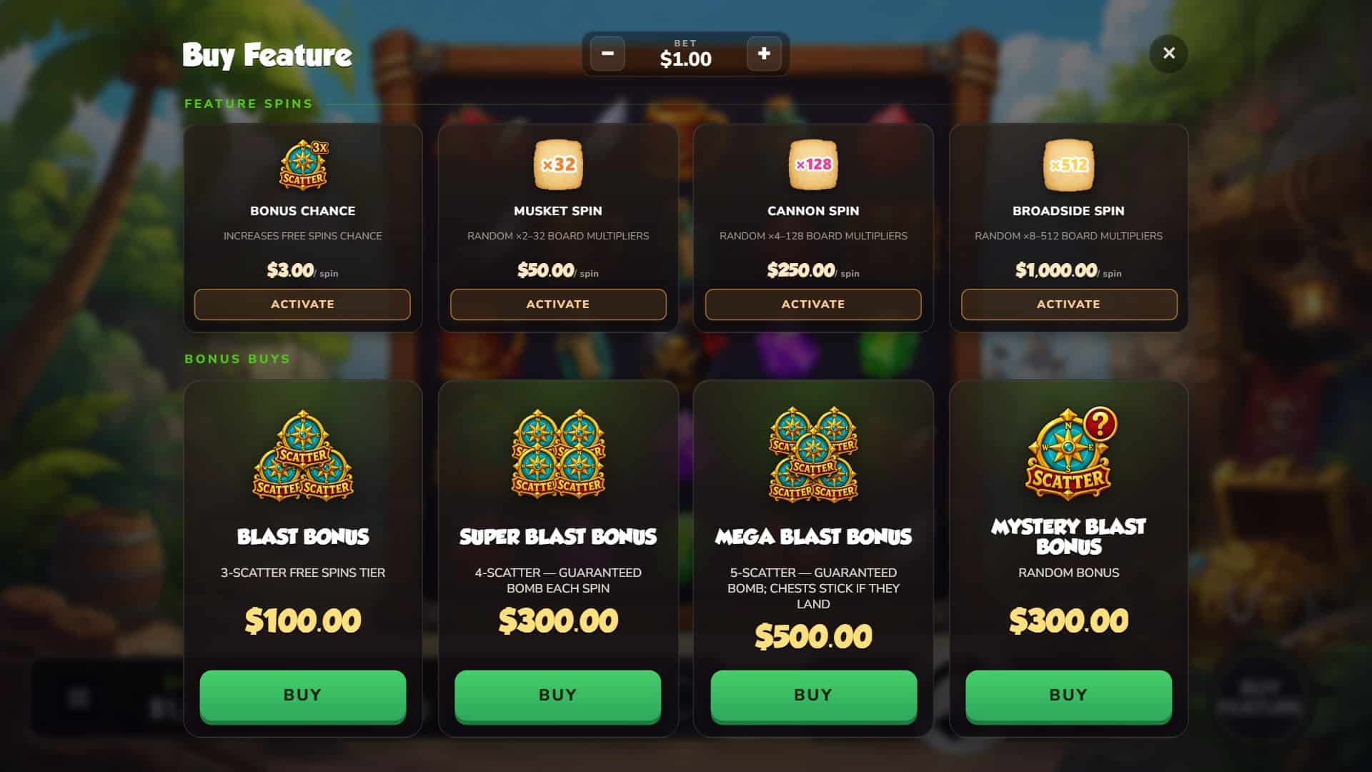 Pirate Blast bonus buy menu