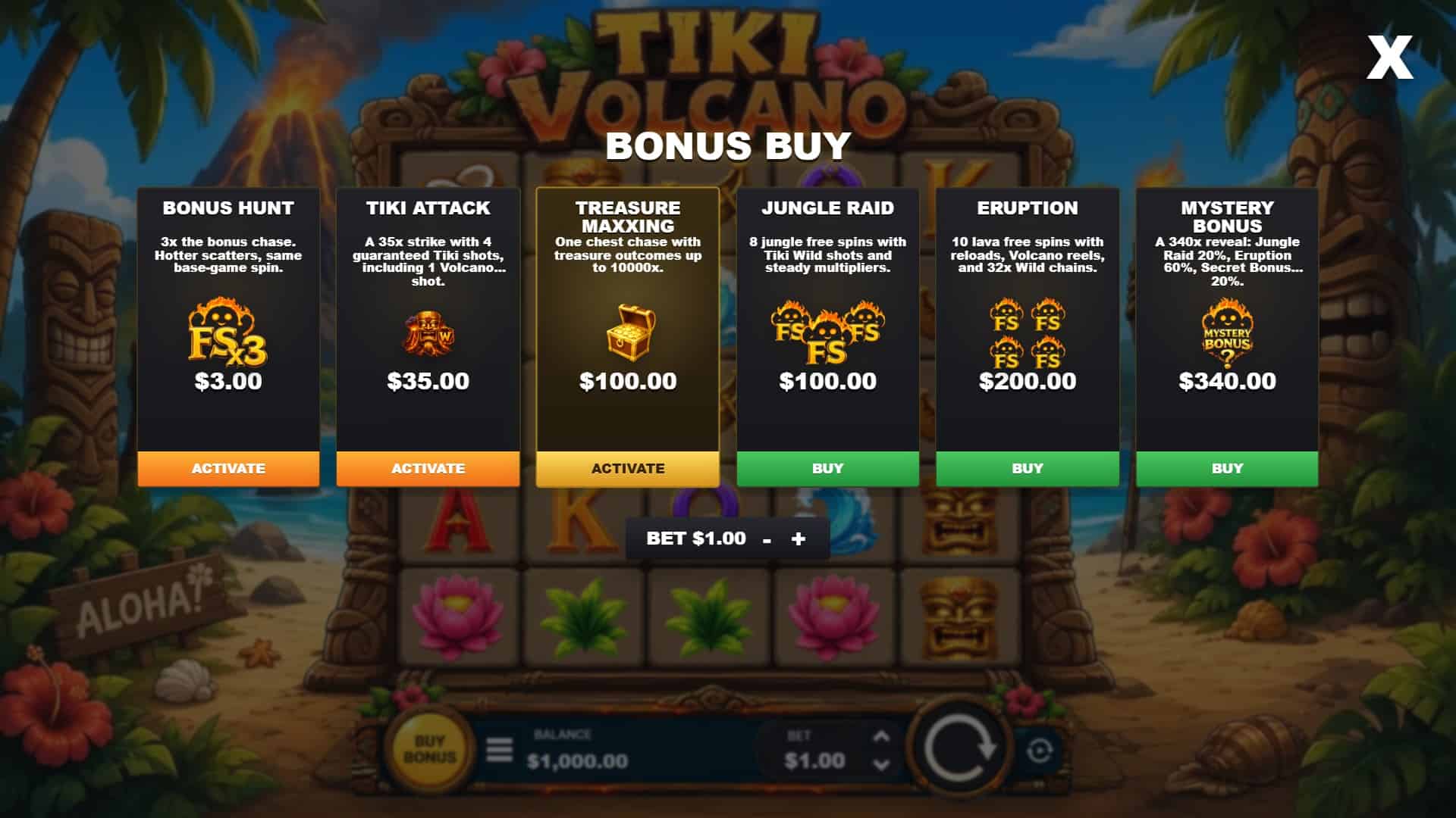 Tiki Volcano bonus buy menu