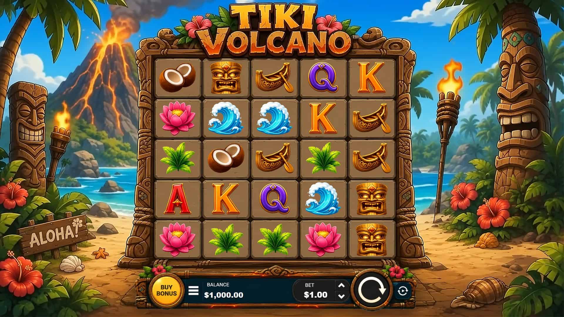 Tiki Volcano slot gameplay reels