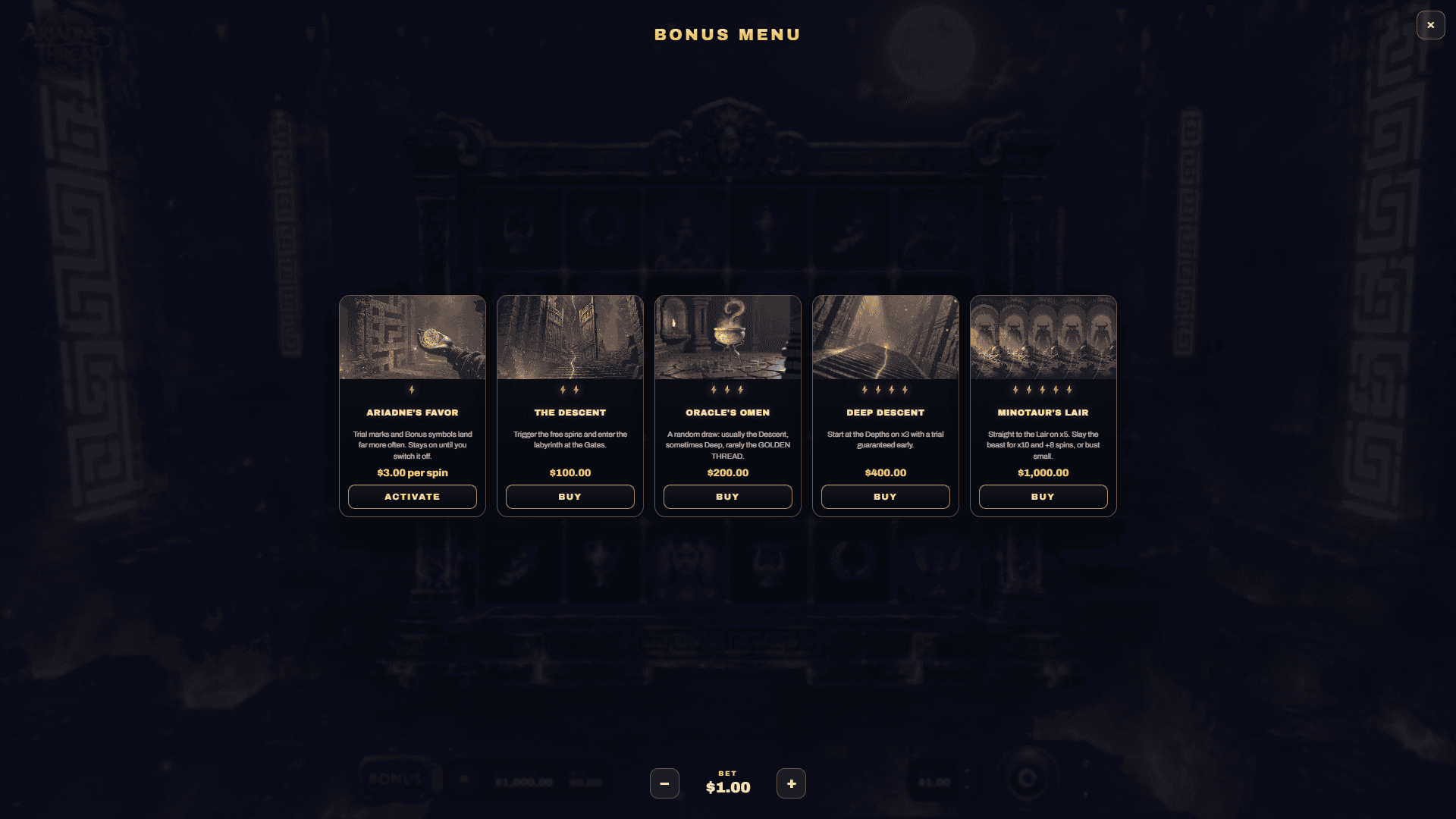 Ariadnes Thread bonus buy menu