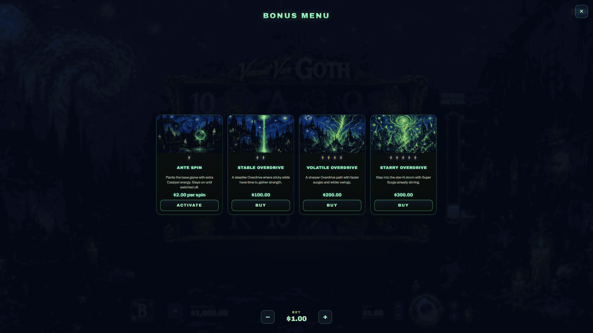 Vincent Van Goth bonus buy menu