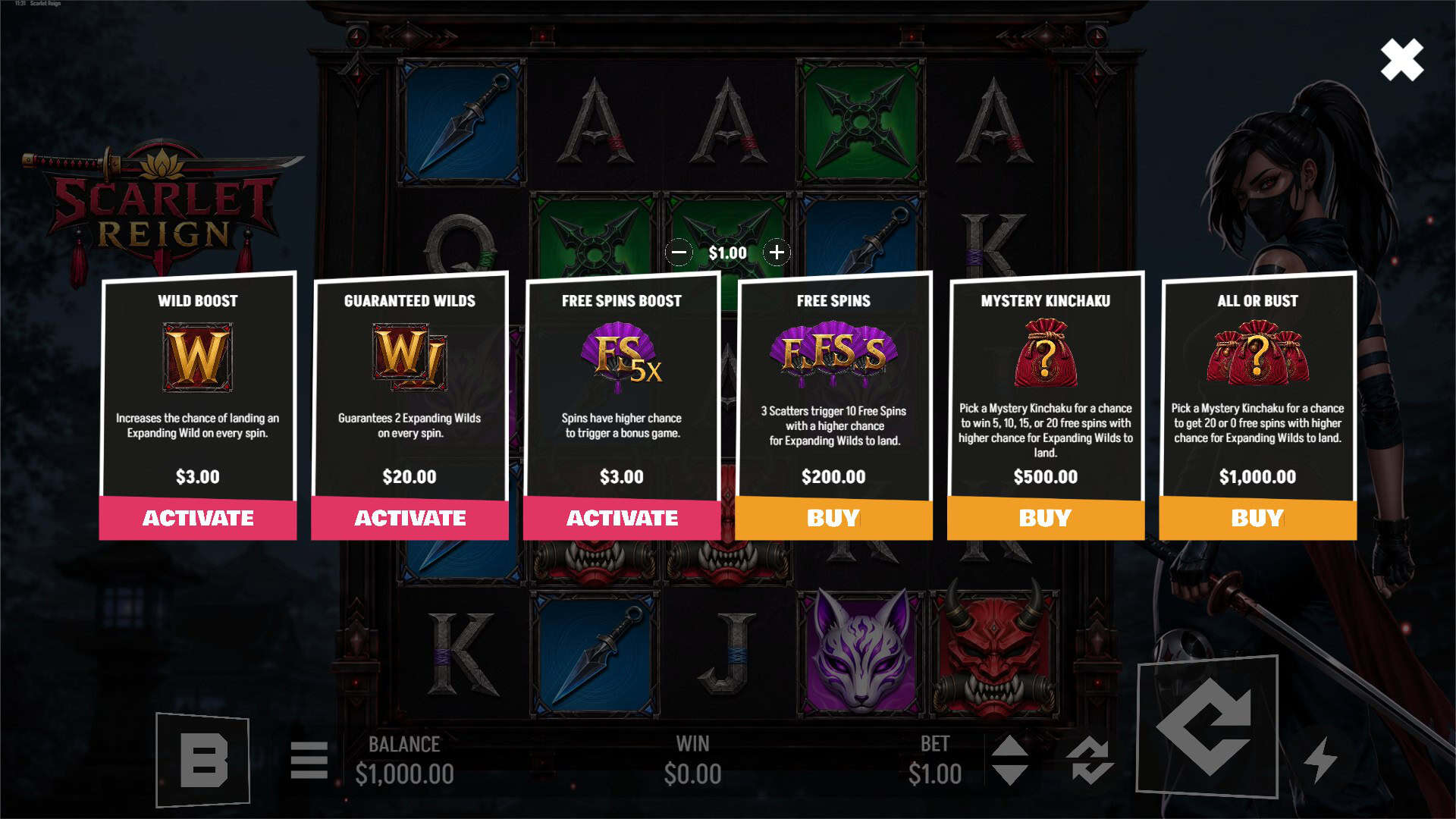Scarlet Reign bonus buy menu