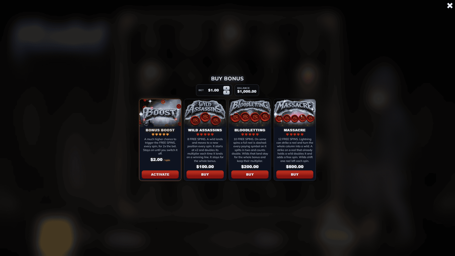 Hooded bonus buy menu