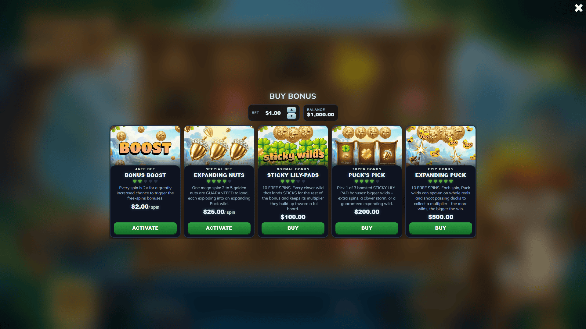 Puck The Duck bonus buy menu