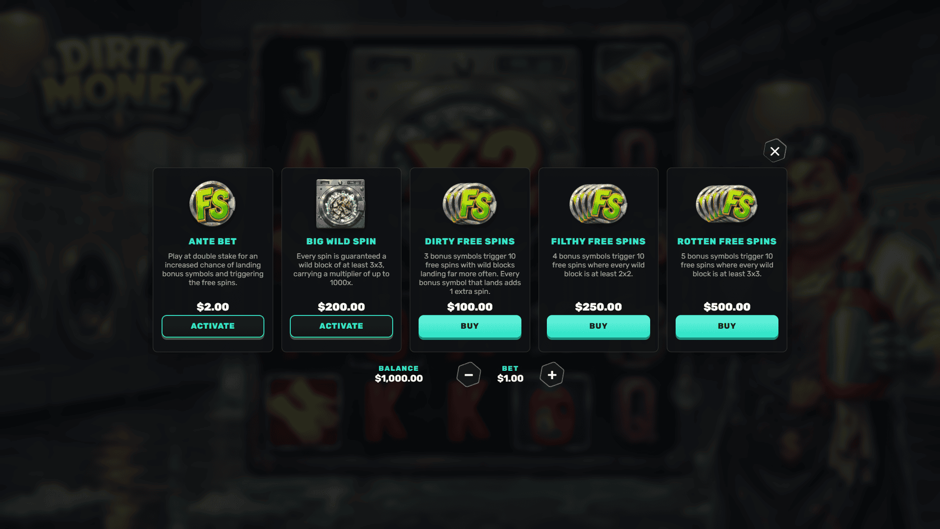 Dirty Money bonus buy menu
