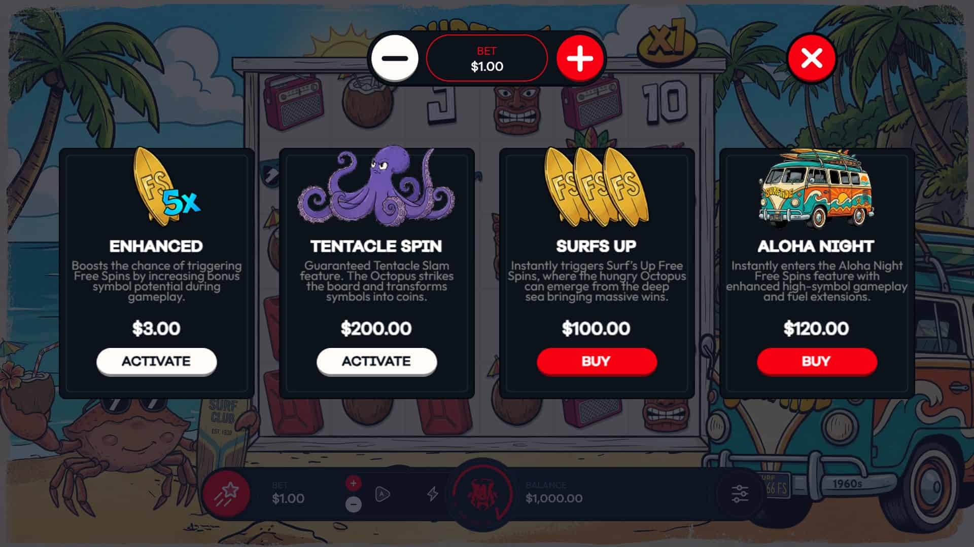 Surftide bonus buy menu