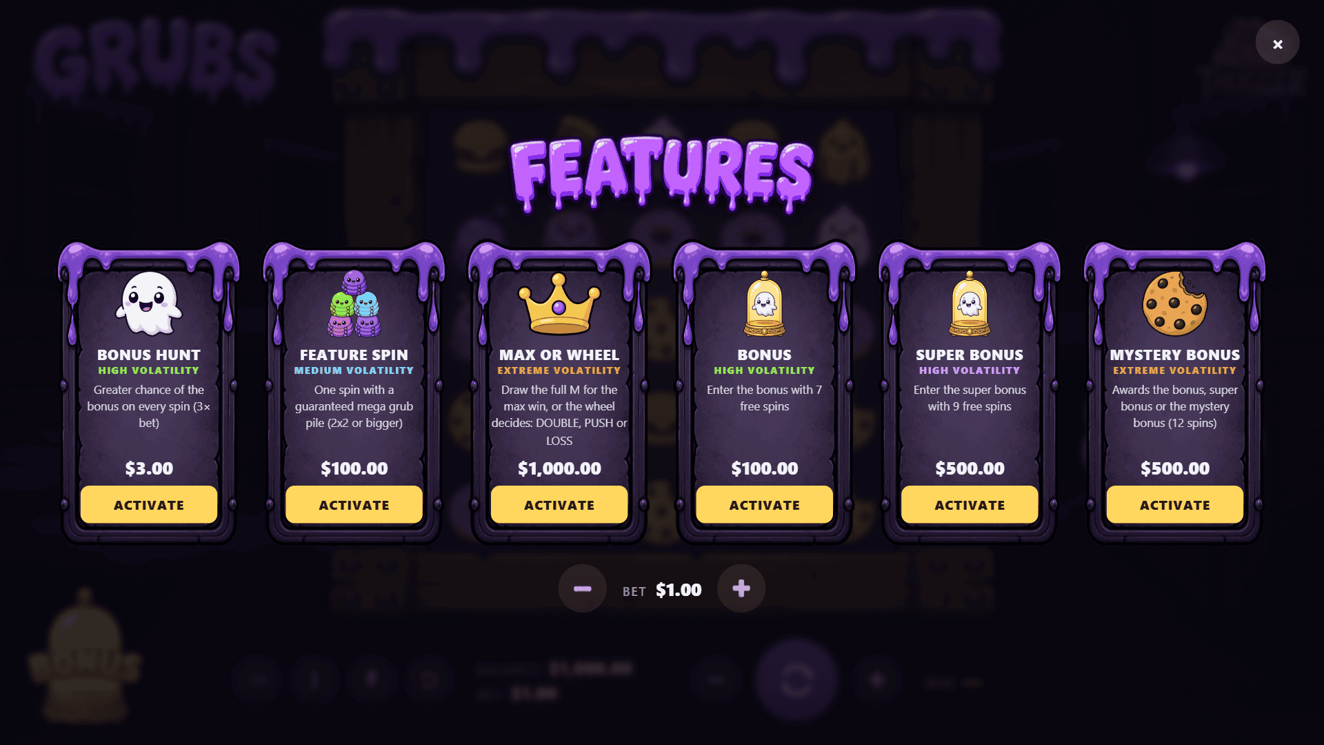 Grubs bonus buy menu
