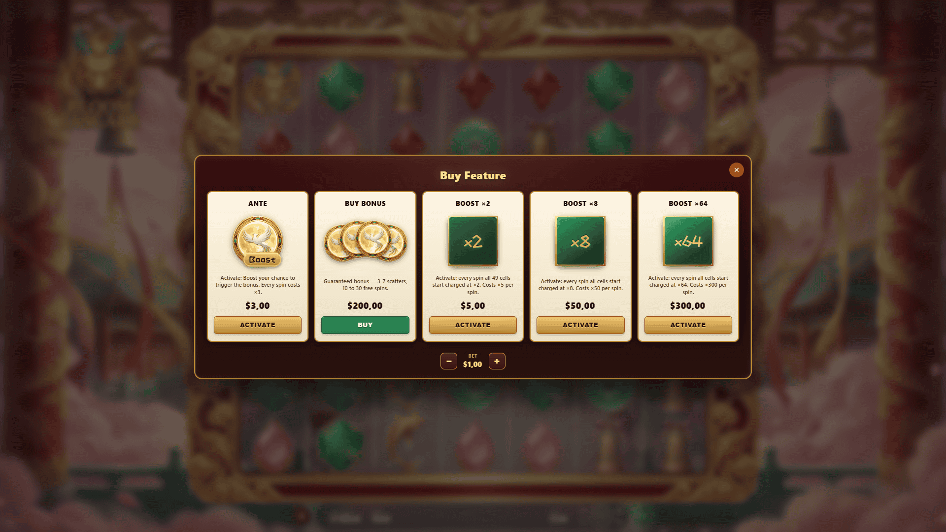 Bloom Cascade bonus buy menu