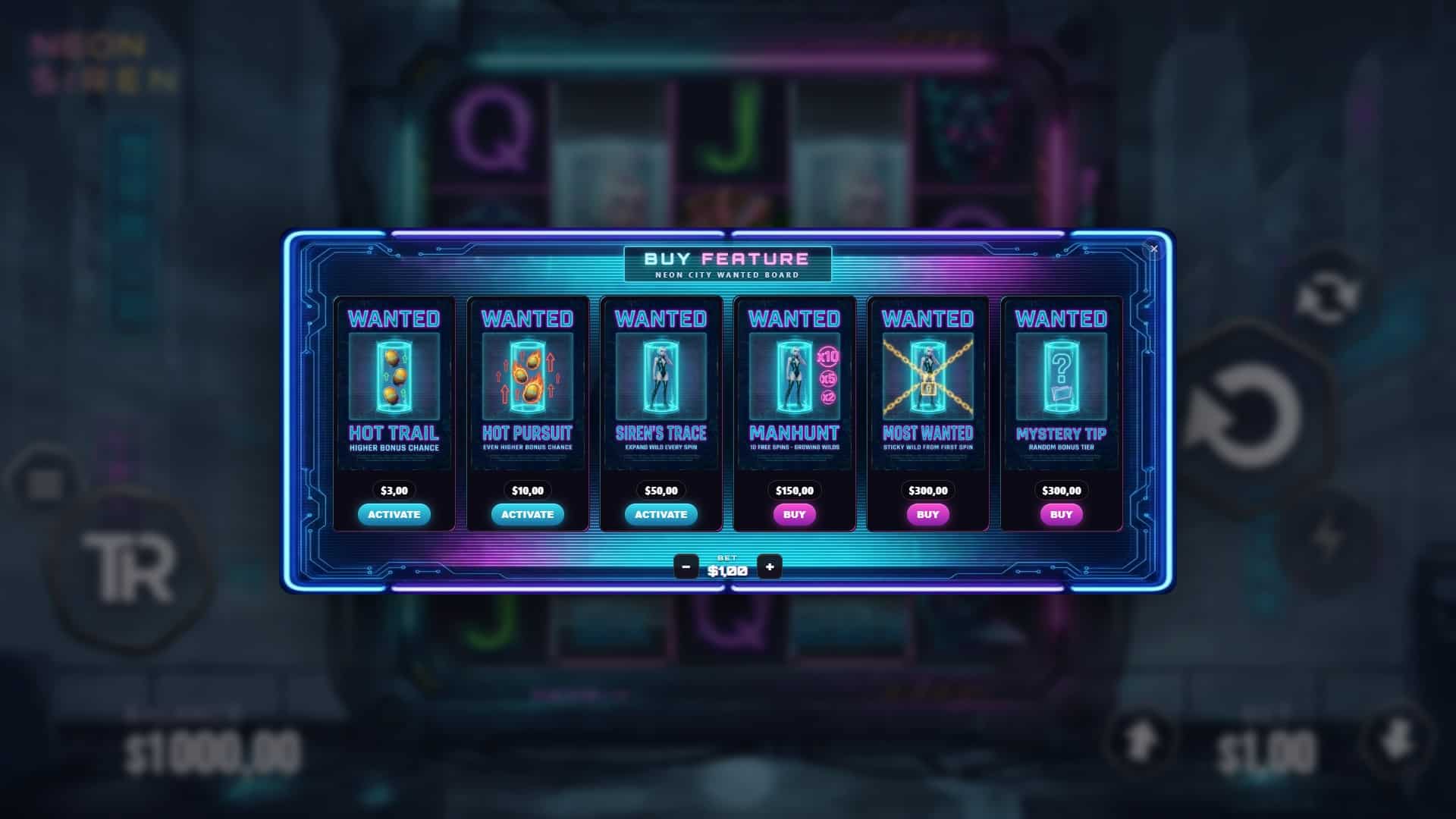 Neon Siren bonus buy menu